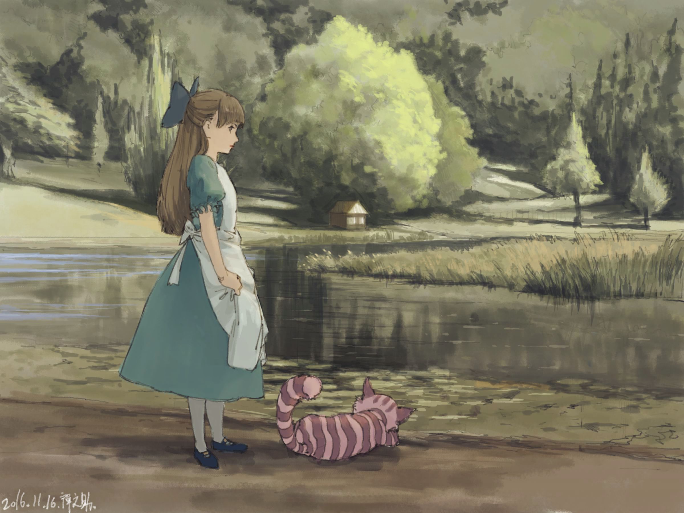 anime, alice in wonderland, alice (alice in wonderland), cheshire cat, nature, river UHD