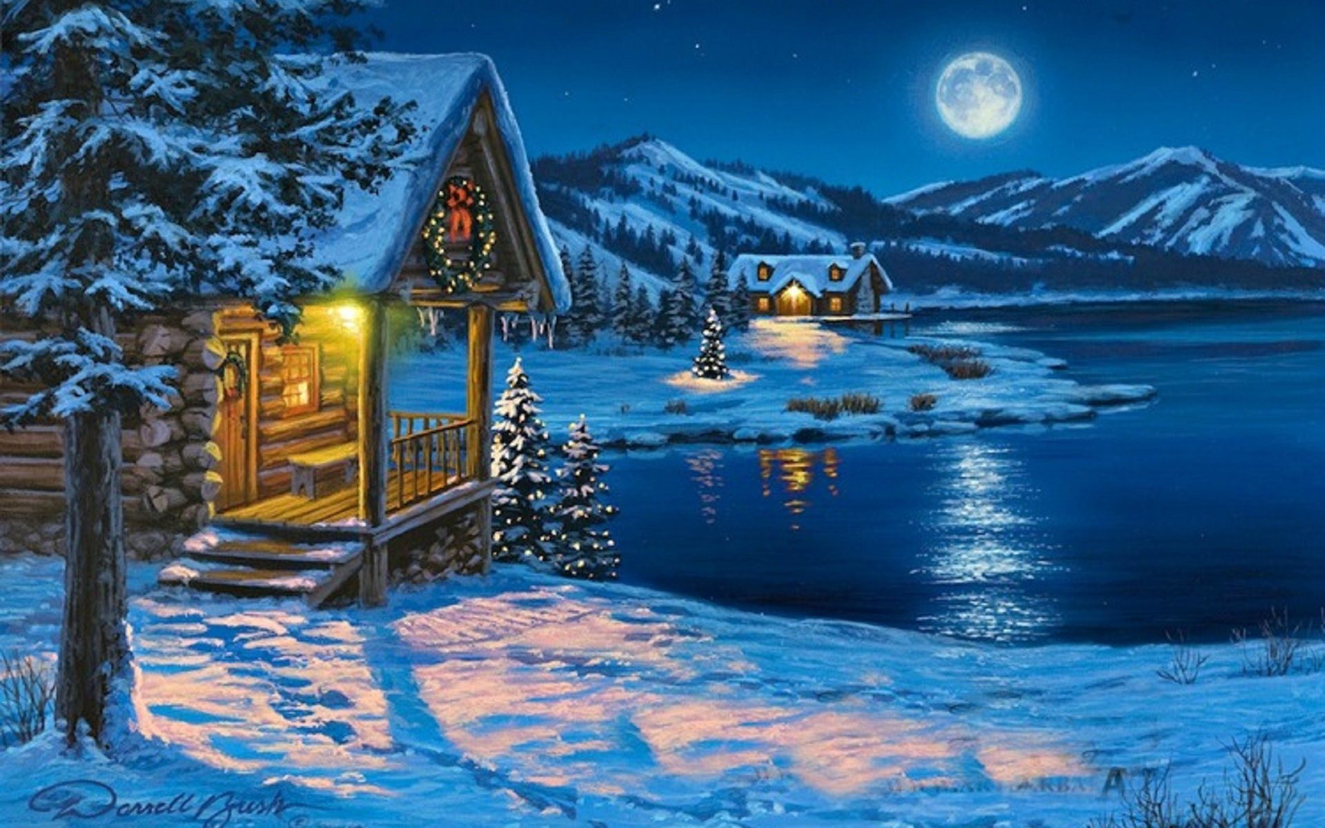 1506047 Bild herunterladen feiertage, weihnachten, kabine, licht, mond, berg, schnee, baum, winter - Hintergrundbilder und Bildschirmschoner kostenlos