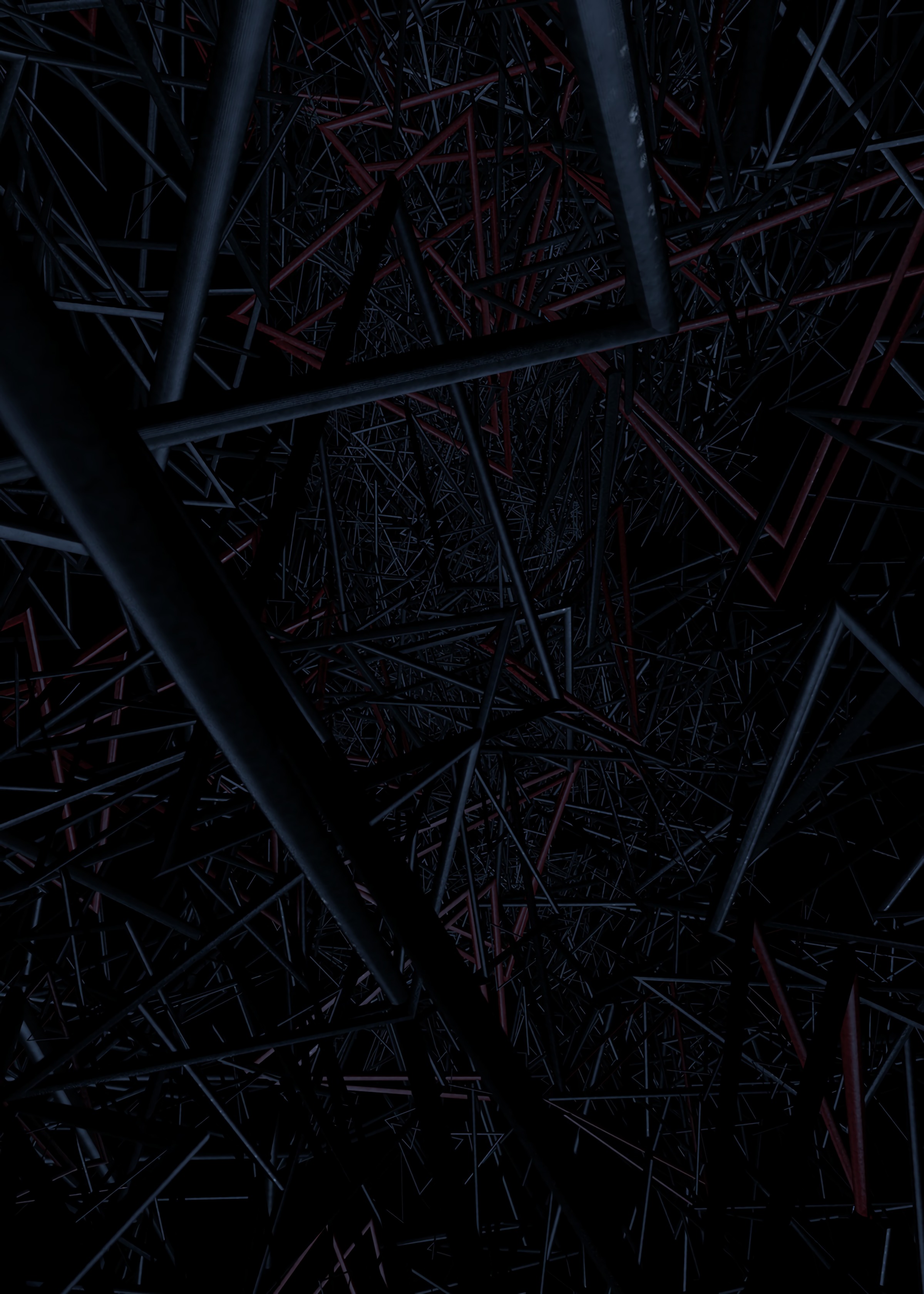 dark, intricate, confused, black, structure, weave, endless, pipes, tubing 2160p