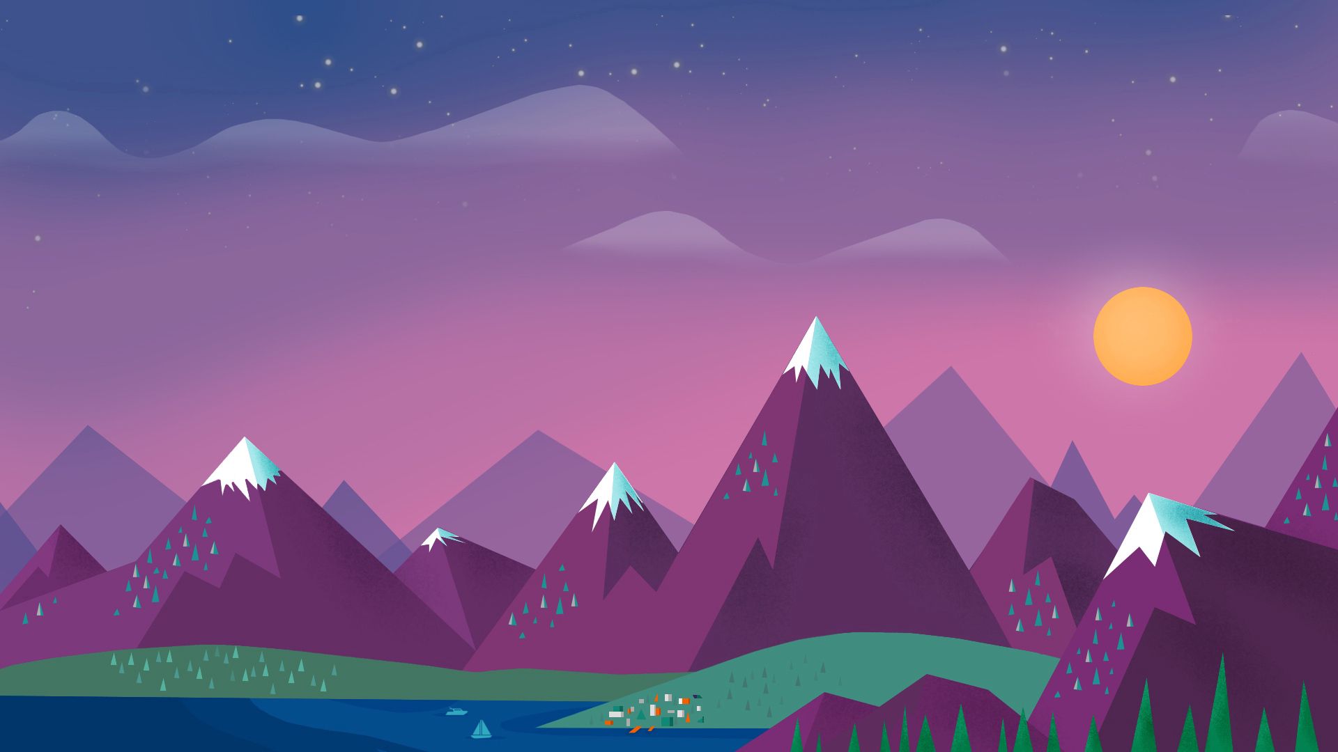 Download PC Wallpaper minimalism, sky, vector, landscape, mountains, sun, clouds, lake