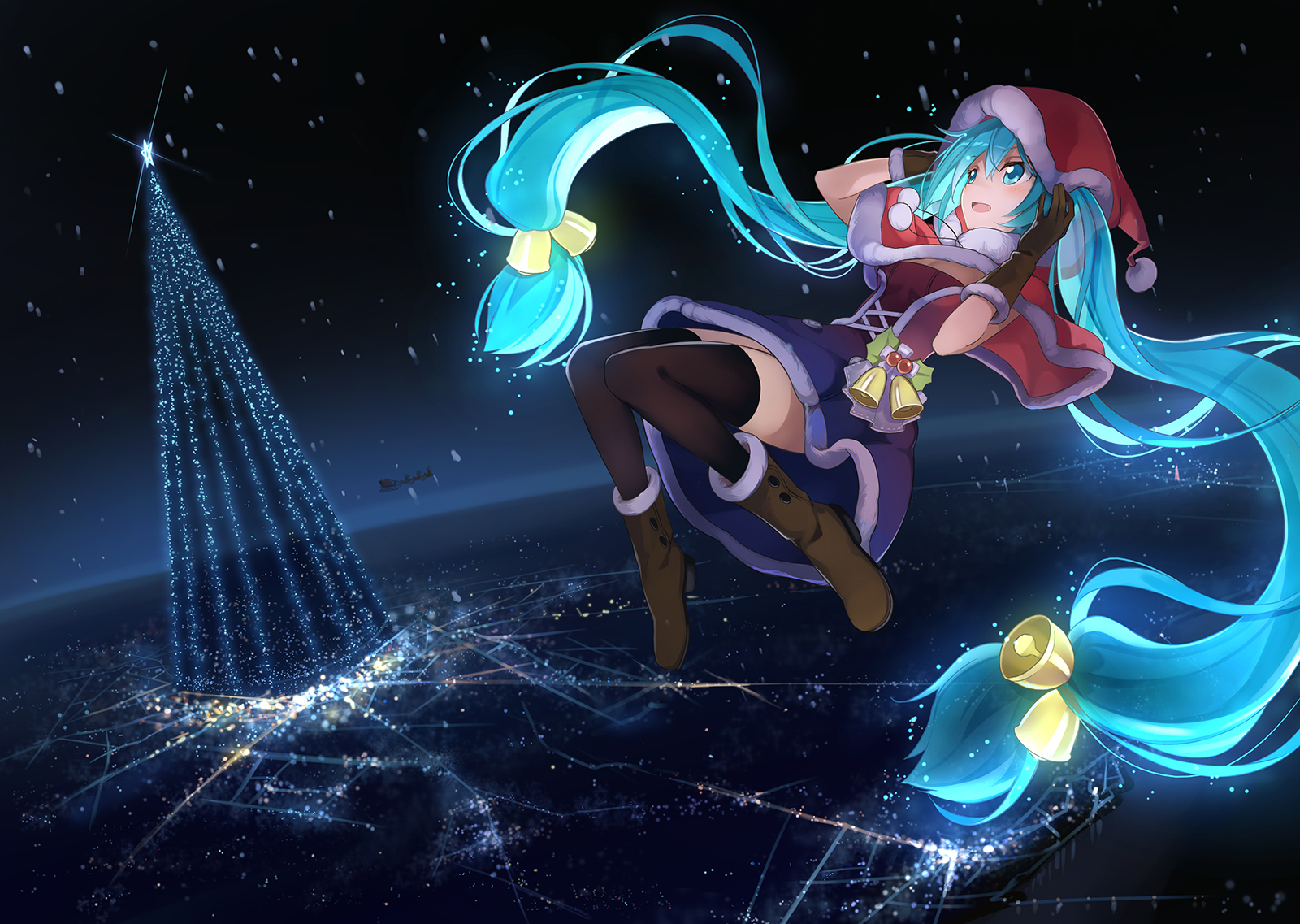 anime, vocaloid, bell, blue eyes, blue hair, hat, hatsune miku, long hair, pantyhose, skirt, twintails Free Stock Photo