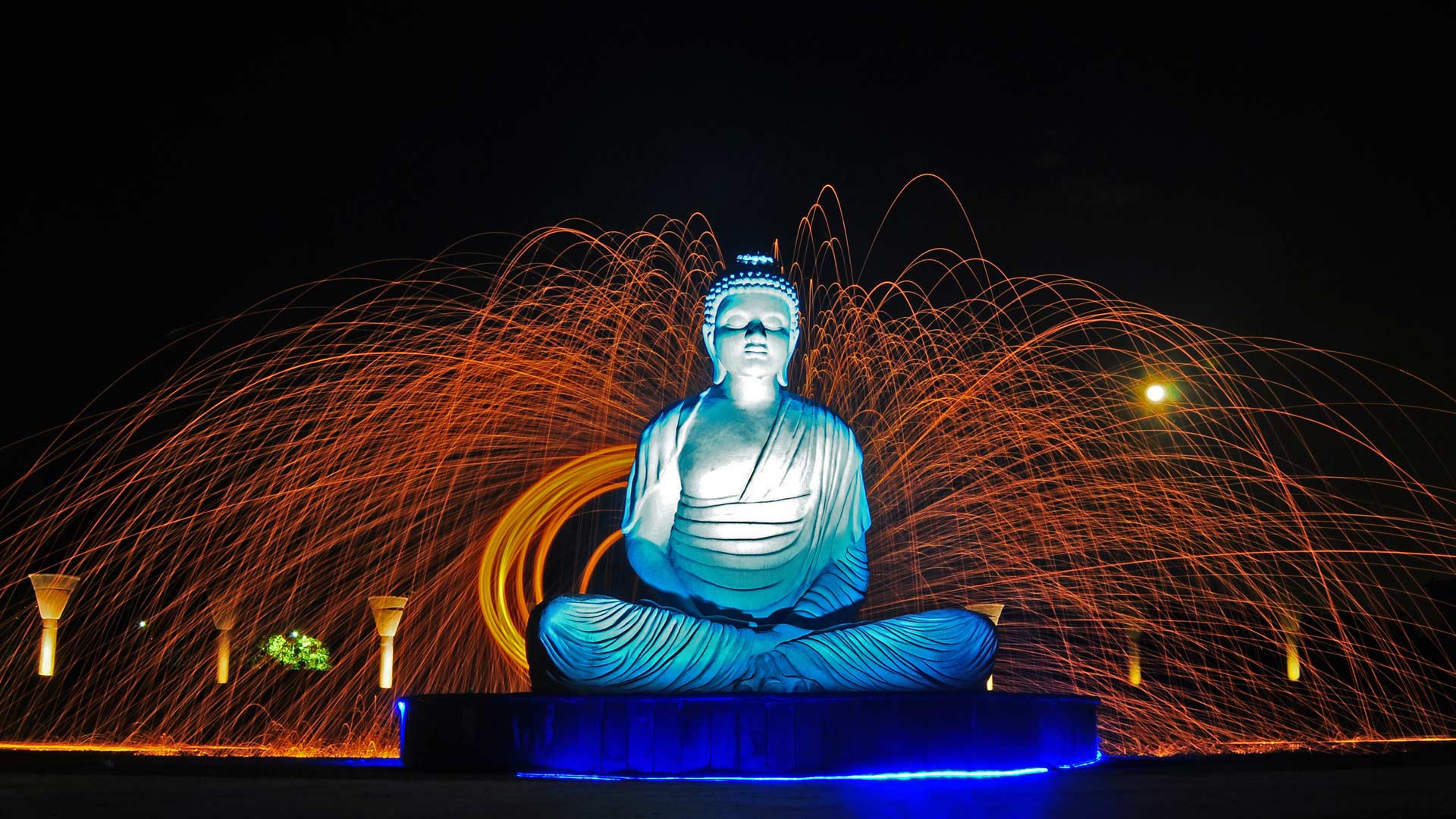 Download mobile wallpaper Night, Buddha, Statue, Fireworks, India, Religious, Garden Of Silence for free.