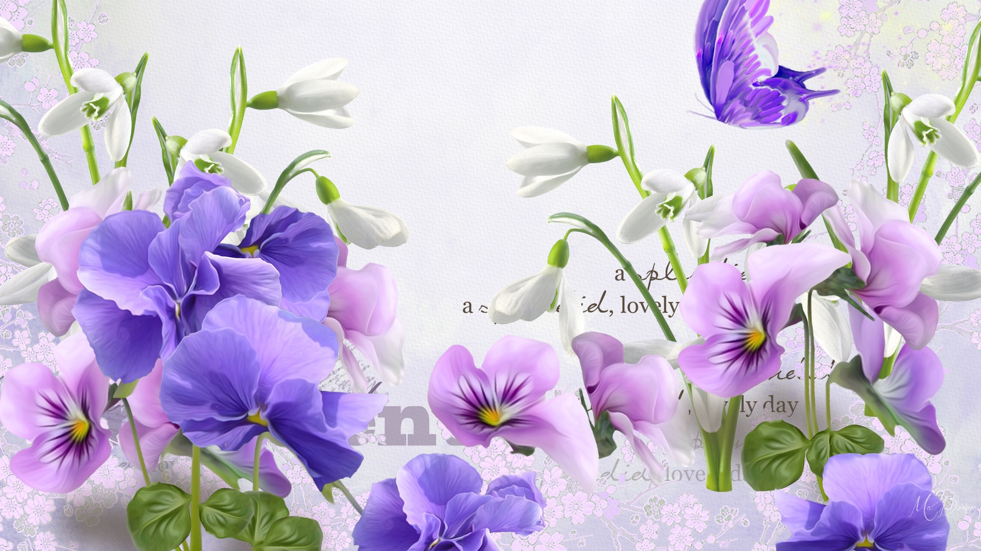 378362 descargar fondo de pantalla artístico, flor, mariposa, pensamiento, flor purpura, flores: protectores de pantalla e imágenes gratis