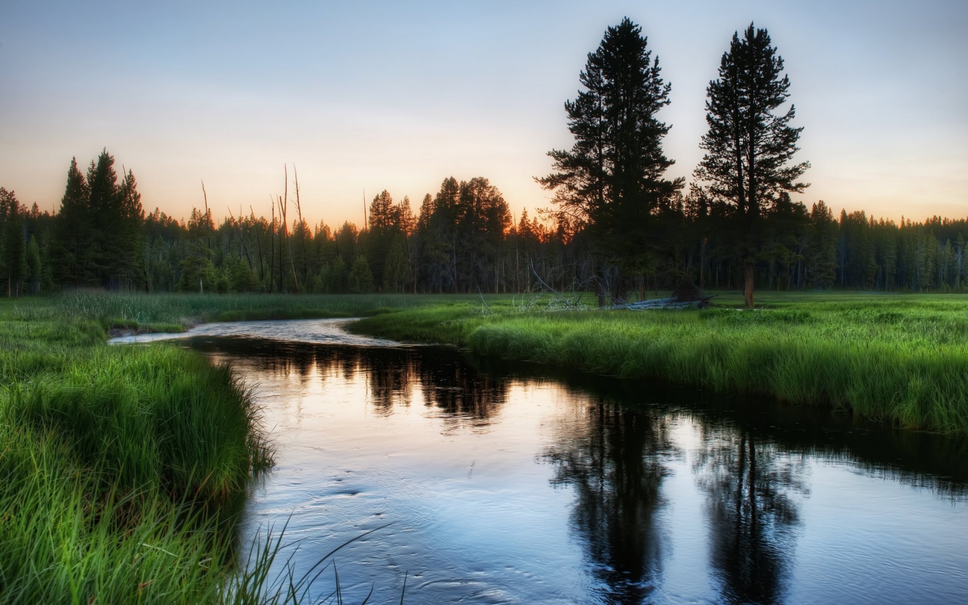 免费下载景观, 河, 树, 日落, 草手机壁纸。