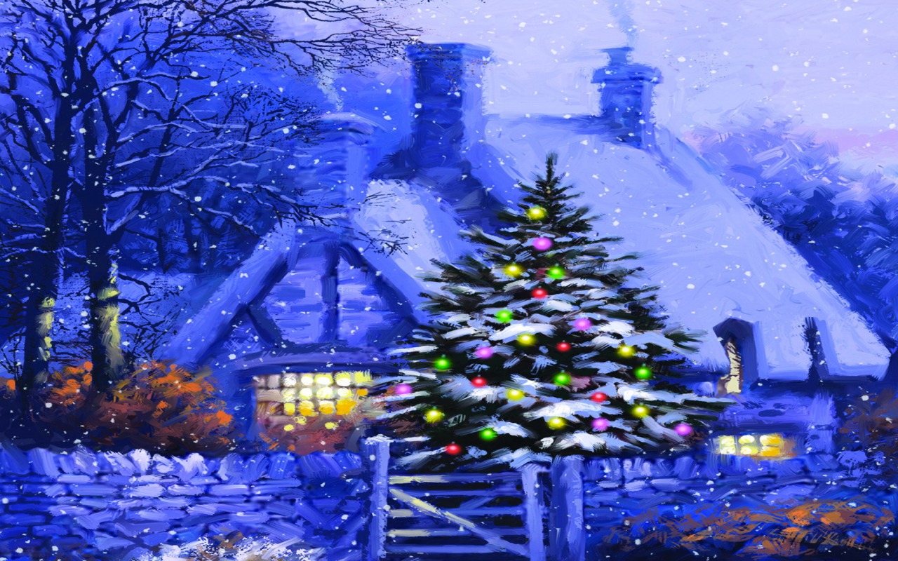 1466168画像をダウンロードホリデー, クリスマス, クリスマスツリー, コテージ-壁紙とスクリーンセーバーを無料で