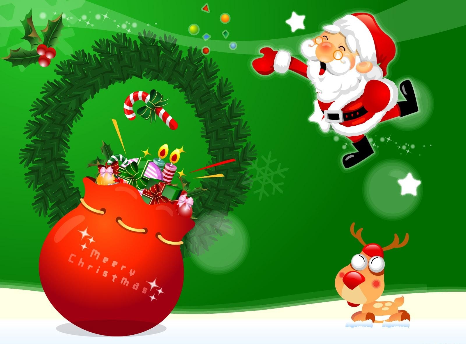 Téléchargez des papiers peints mobile Sac, Cadeaux, Fêtes, Couronne, Père Noël, Le Père Noël, Cerf gratuitement.