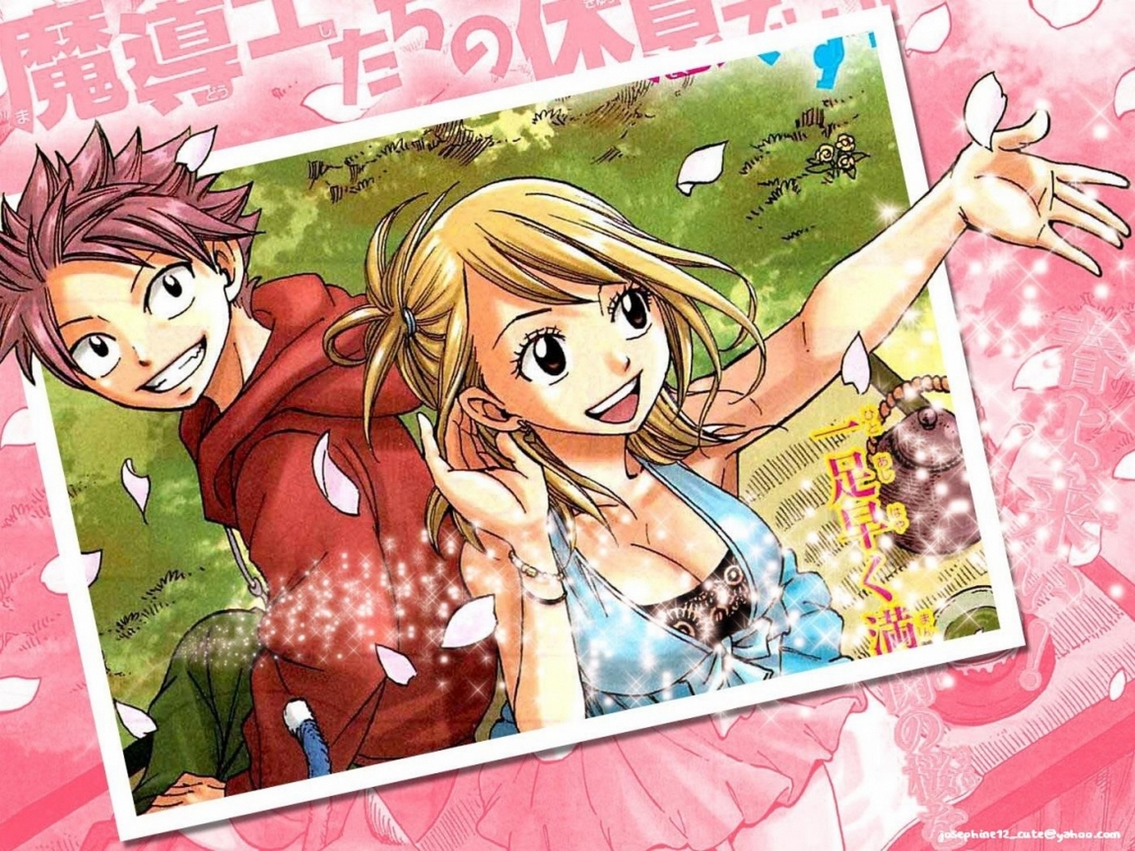Mobile wallpaper anime, fairy tail, blonde, lucy heartfilia, nalu (fairy tail), natsu dragneel, pink hair, smile