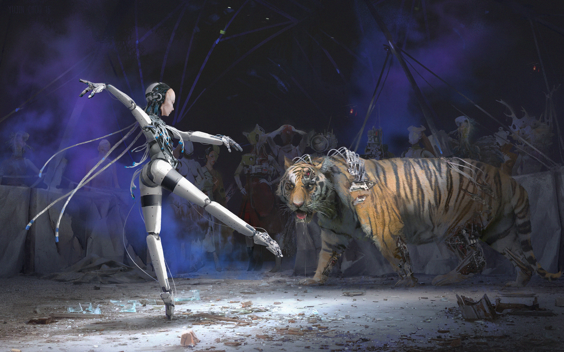 sci fi, cyborg, circus, dance, tiger HD wallpaper