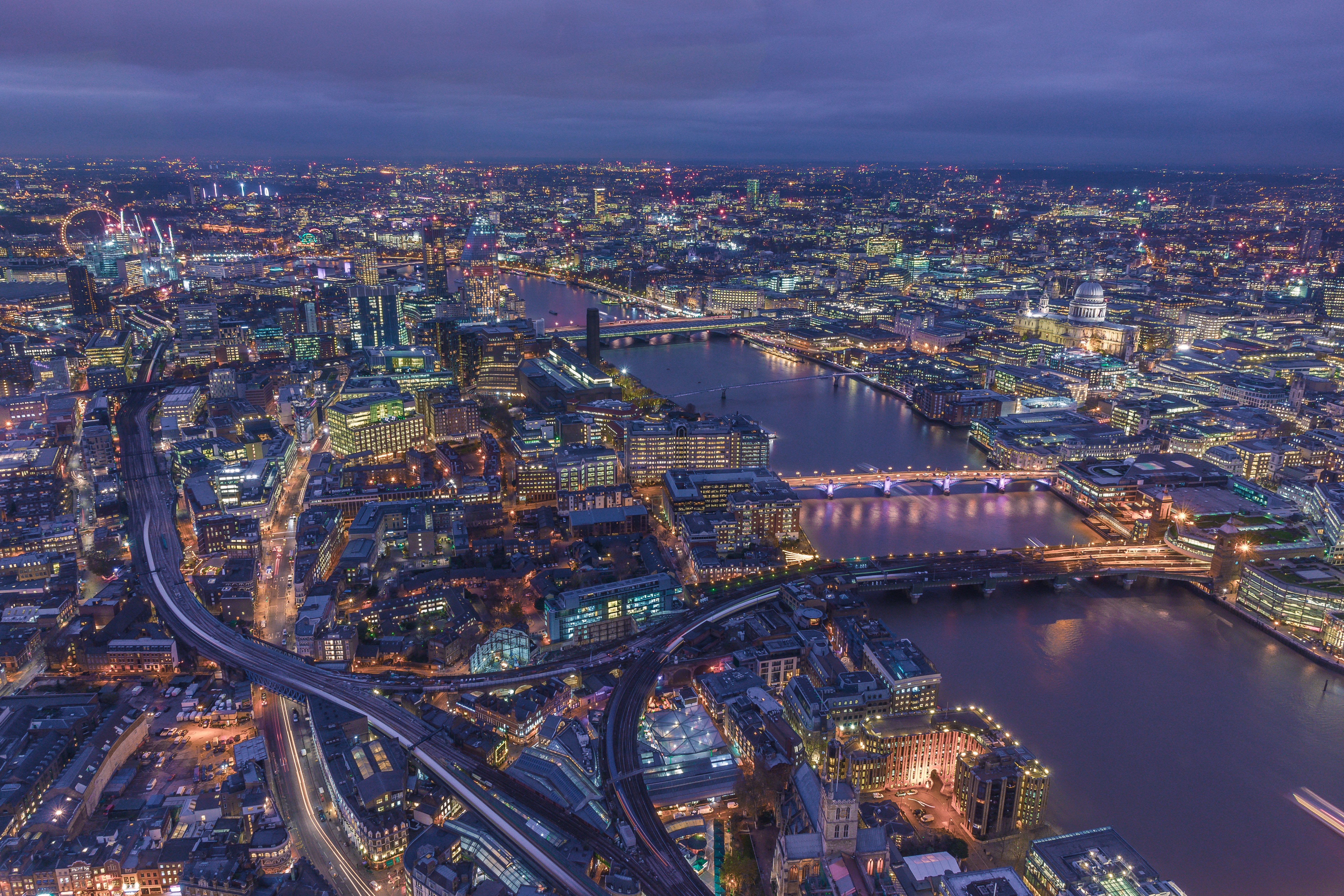 Laden Sie das Großbritannien, Vereinigtes Königreich, Städte, Night City, Nächtliche Stadt, London, Blick Von Oben-Bild kostenlos auf Ihren PC-Desktop herunter