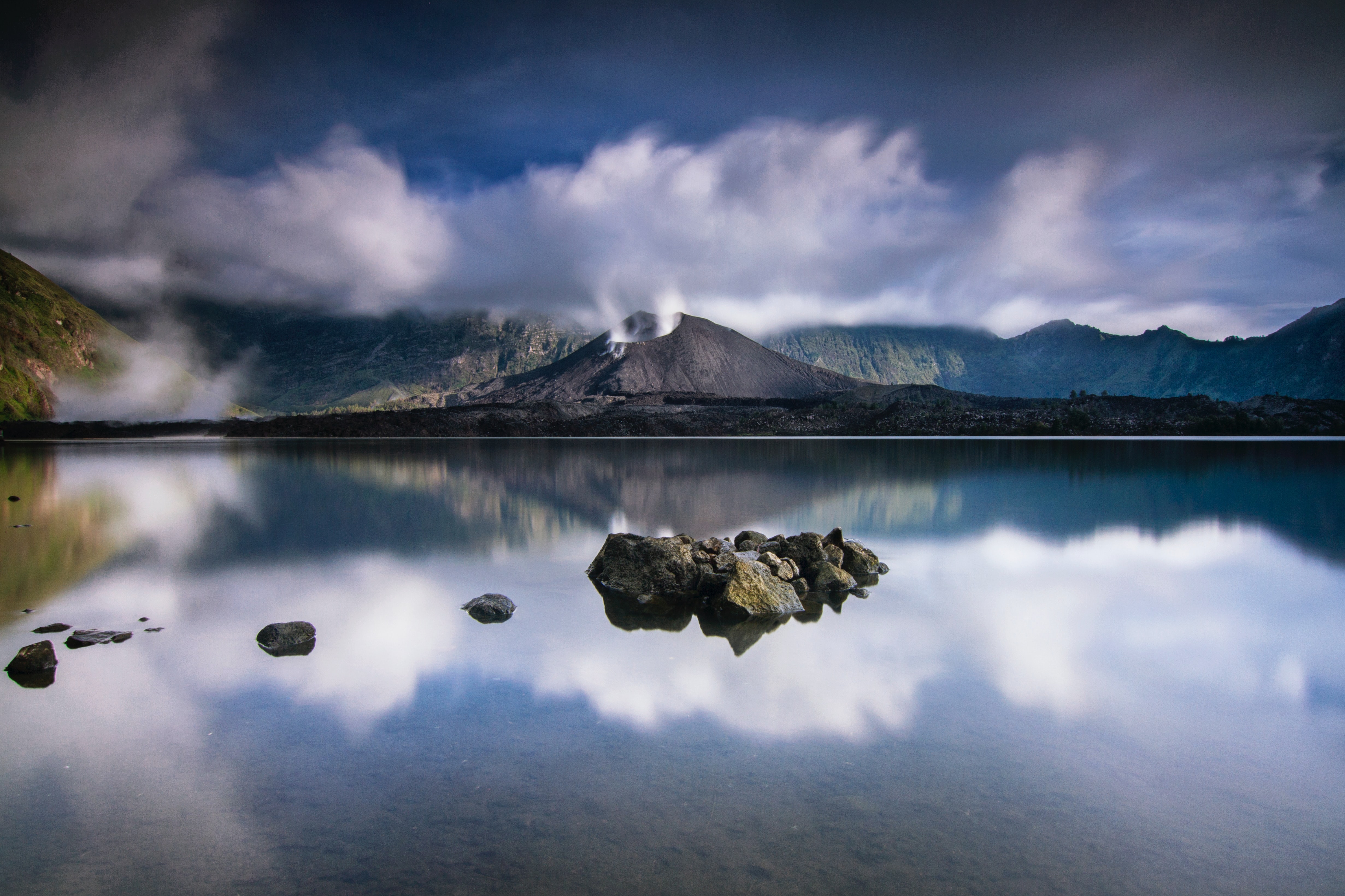 Download mobile wallpaper Stones, Lake, Nature, Volcano, Landscape for free.