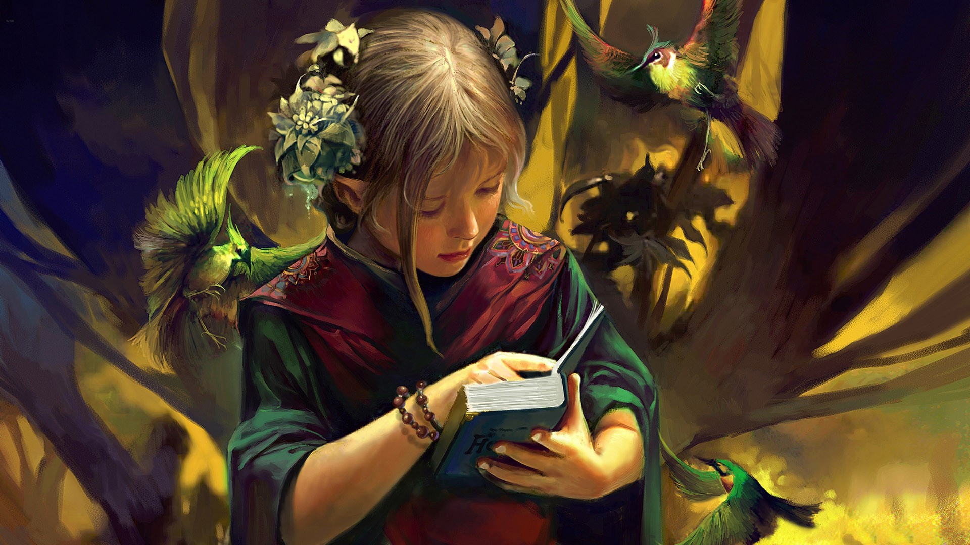 elf, child, fantasy, bird, book QHD