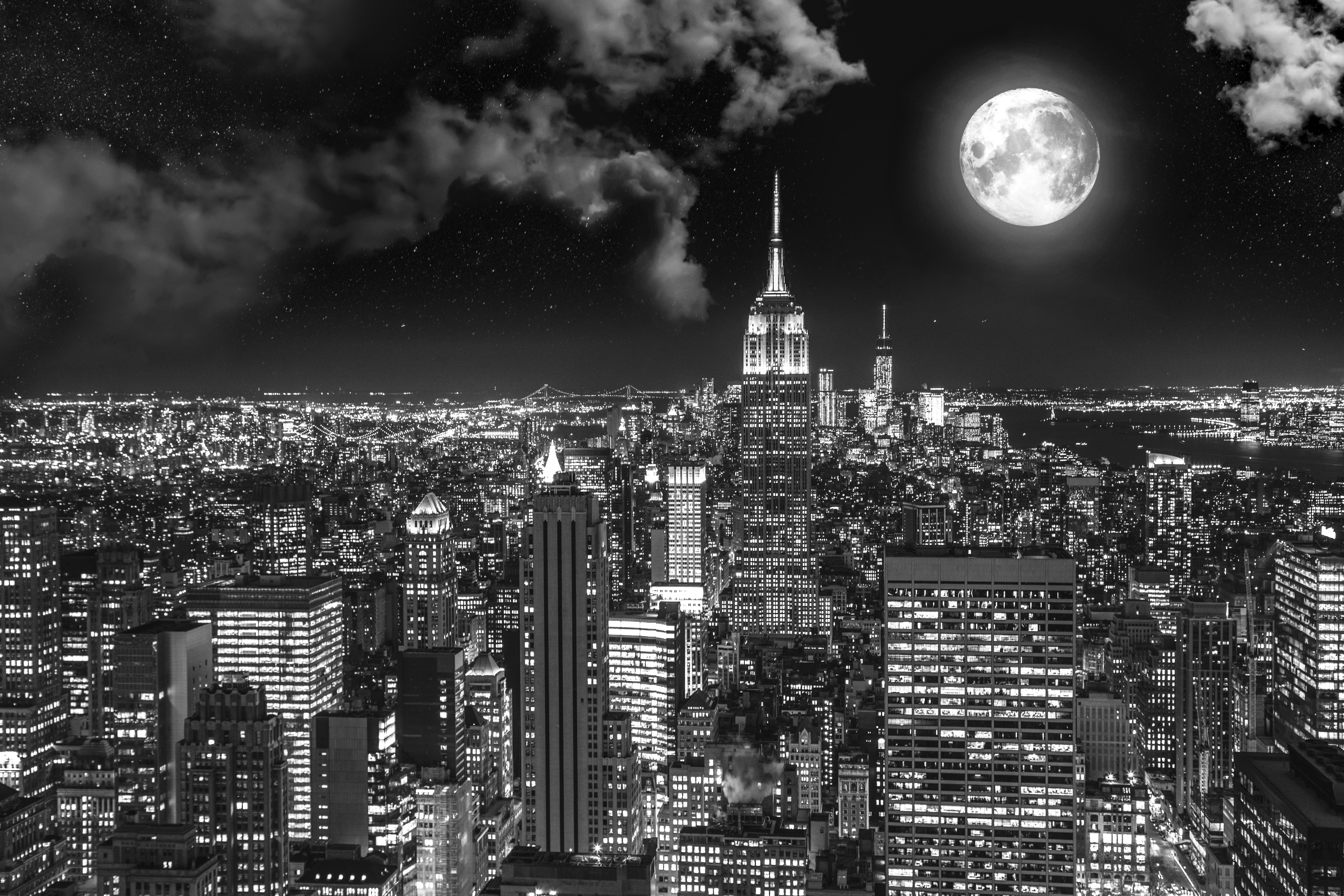 117287 baixar papel de parede lua cheia, cidade noturna, cidades, eua, bw, chb, estados unidos, nova york, nova iorque - protetores de tela e imagens gratuitamente