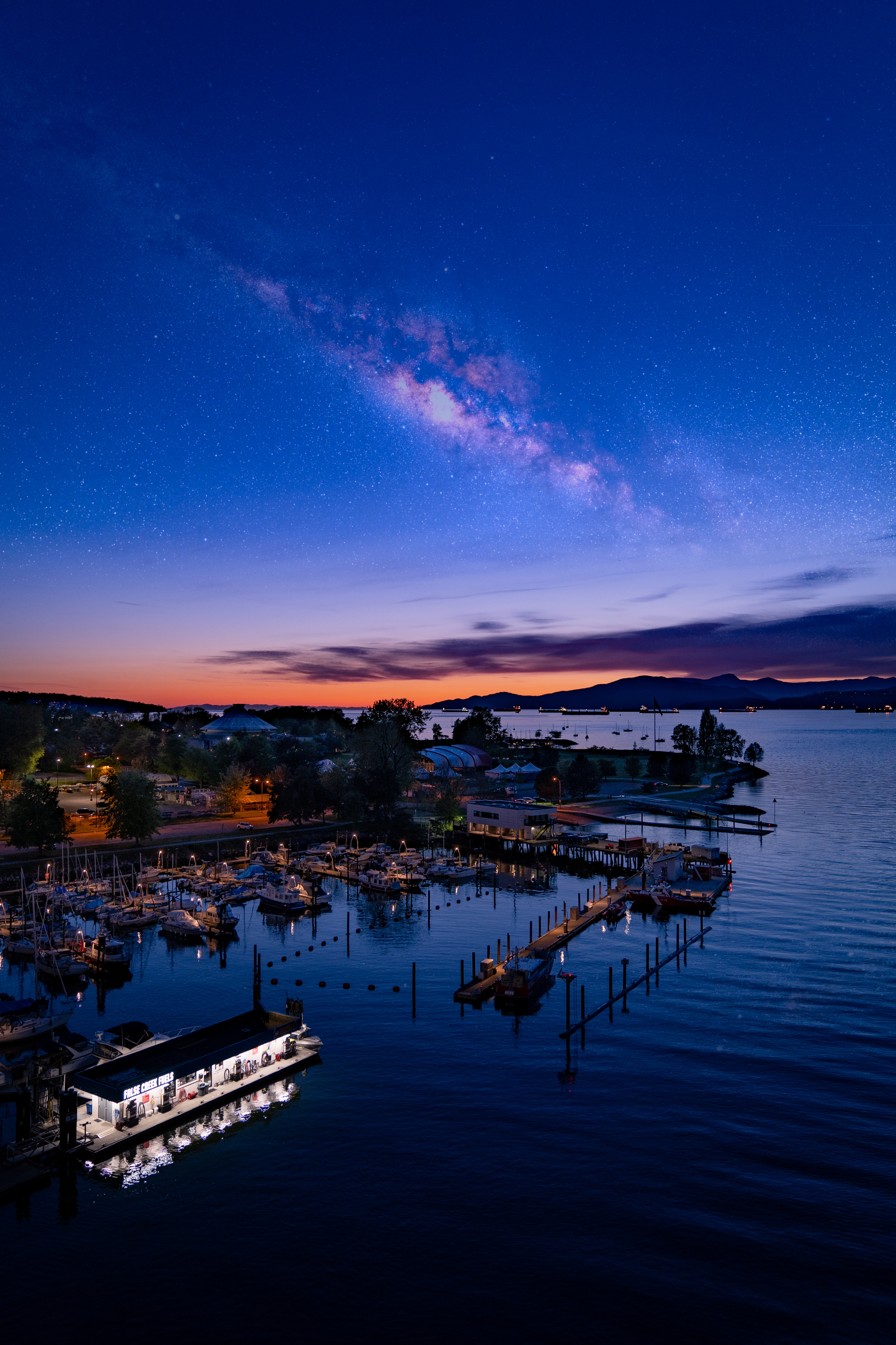 harbor, cities, twilight, city, view from above, starry sky, dusk, port HD wallpaper