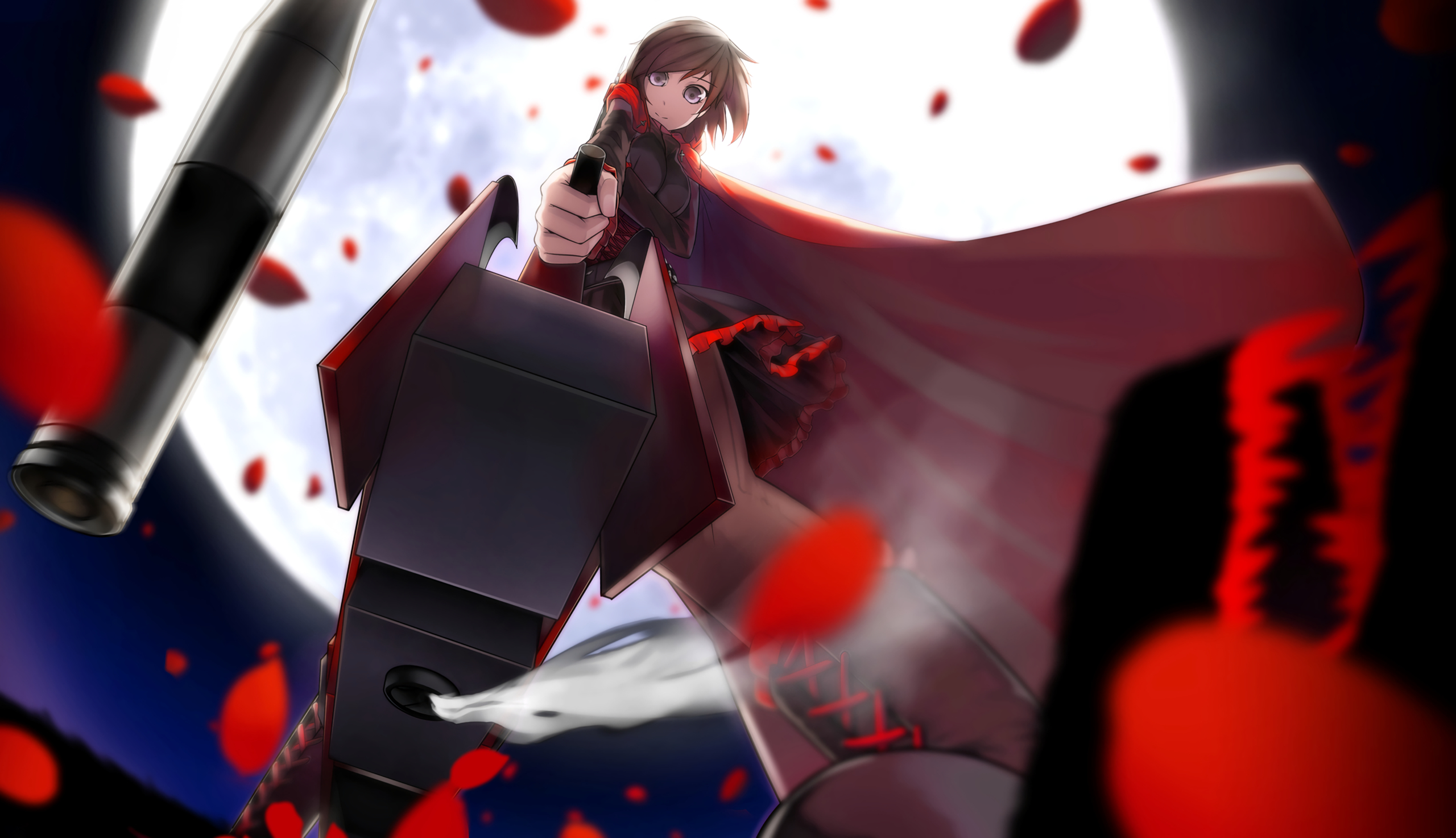 Download mobile wallpaper Anime, Night, Moon, Weapon, Blood, Smile, Boots, Cape, Skirt, Gun, Bullet, Brown Hair, Short Hair, Purple Eyes, Rwby, Ruby Rose (Rwby) for free.