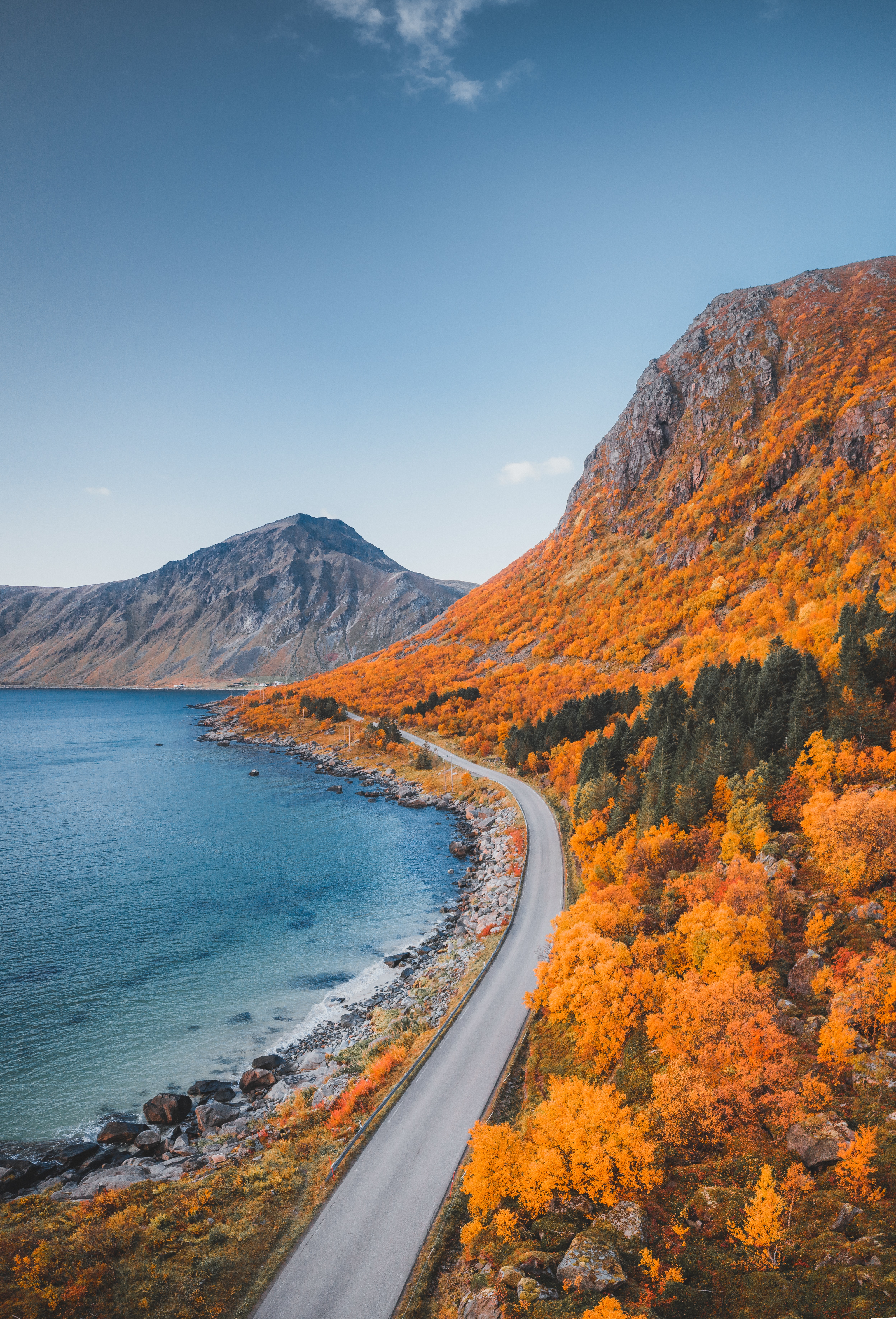 autumn, nature, mountains, coast, road lock screen backgrounds