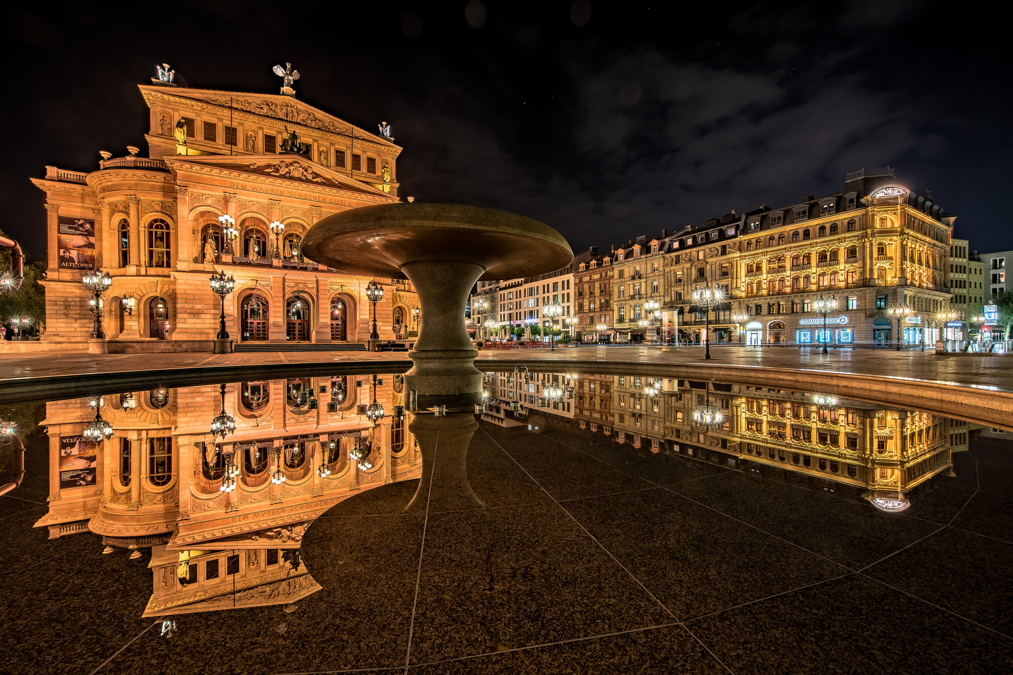 frankfurt, germany, man made, building, city, fountain, night, opera house, reflection, cities phone wallpaper