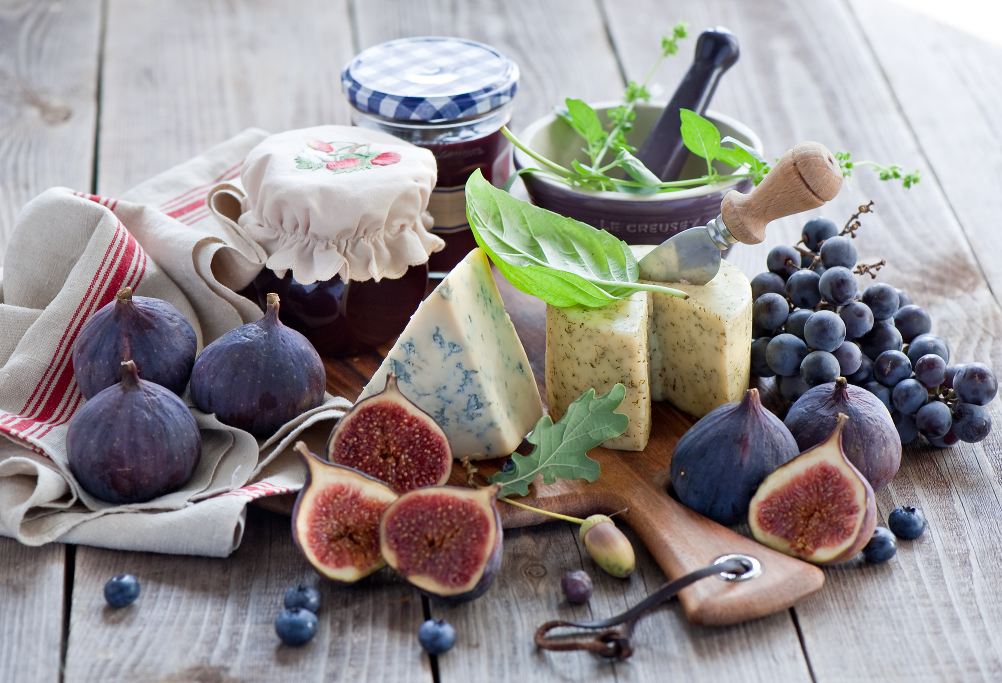 grapes, food, still life, cheese, fig, jam