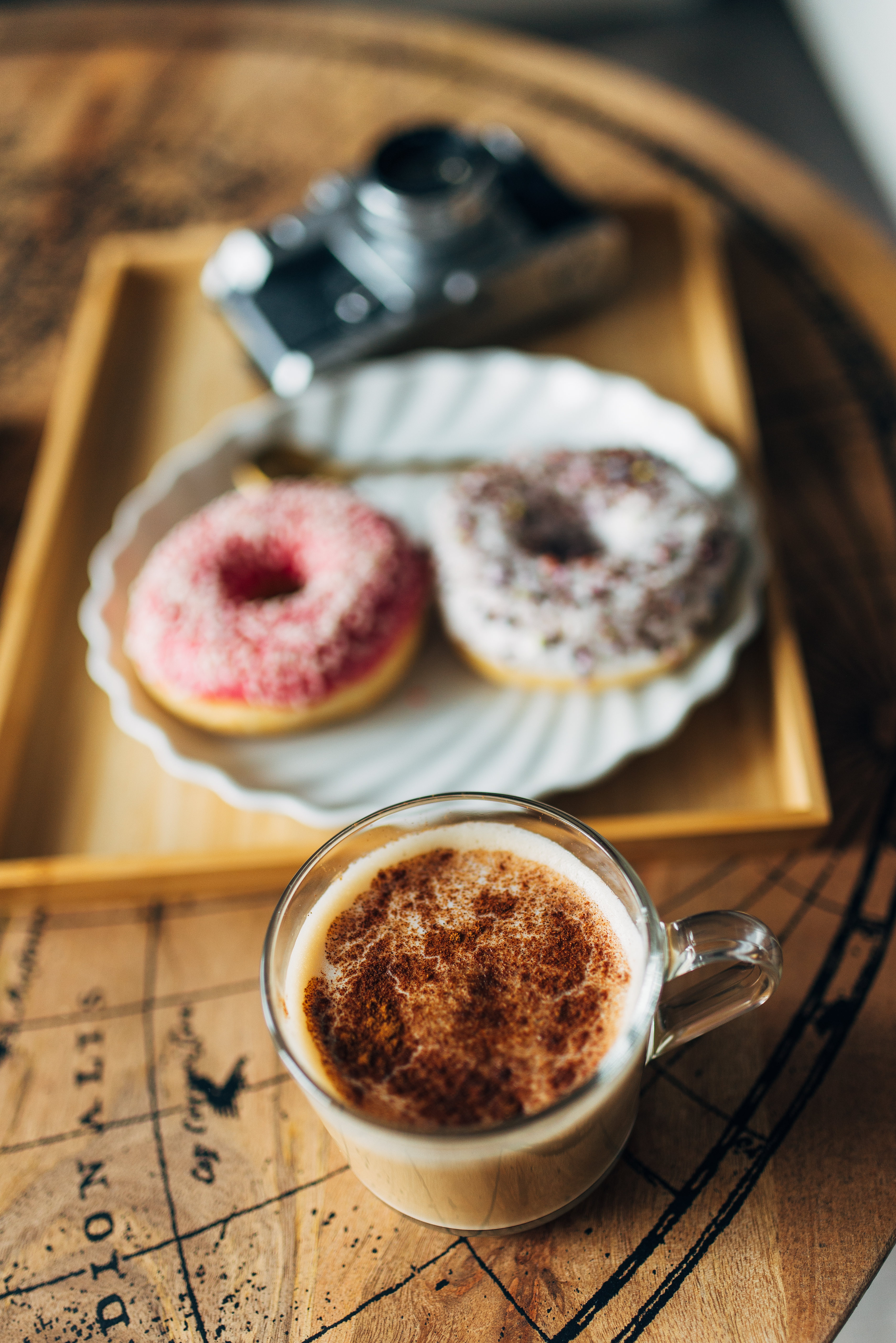 donuts, food, coffee, cup, table, camera QHD