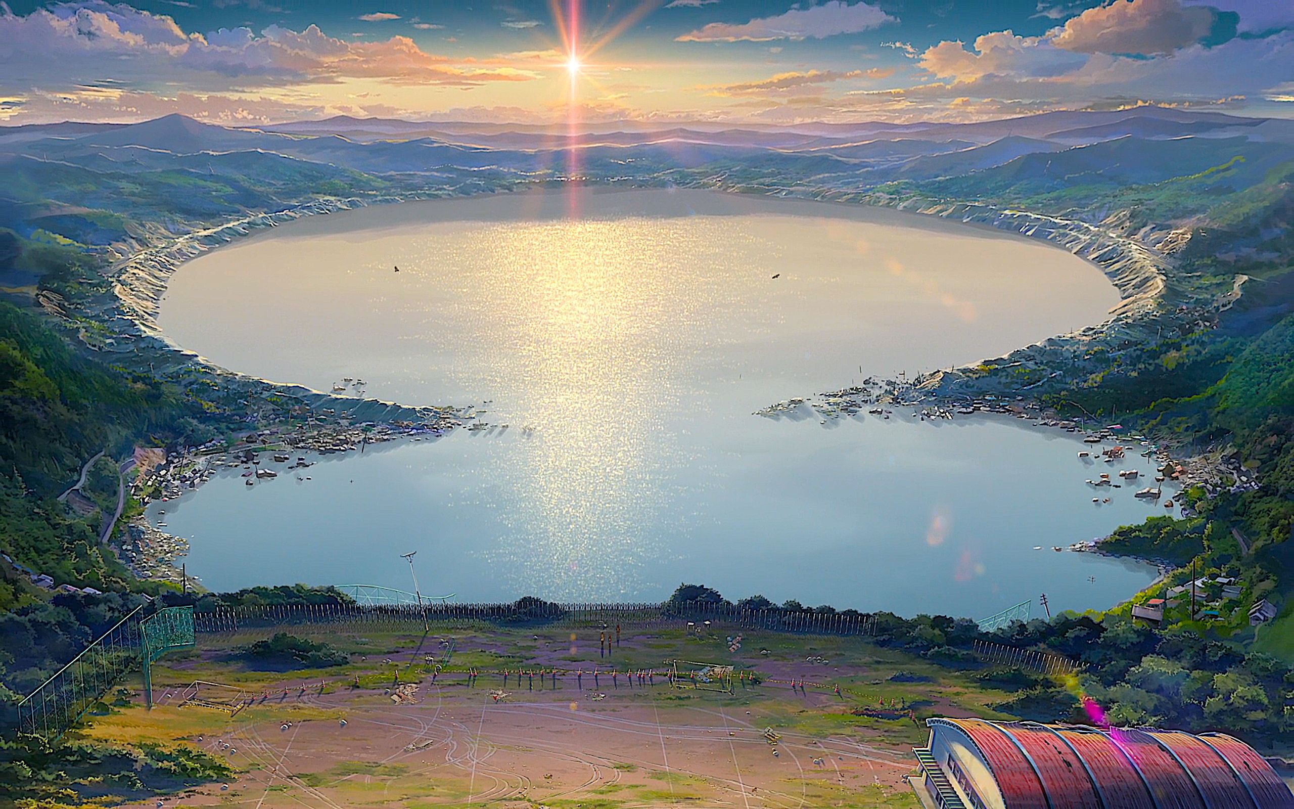 nature, anime, your name, cloud, crater, horizon, kimi no na wa, lake, mountain, school, sky Panoramic Wallpaper