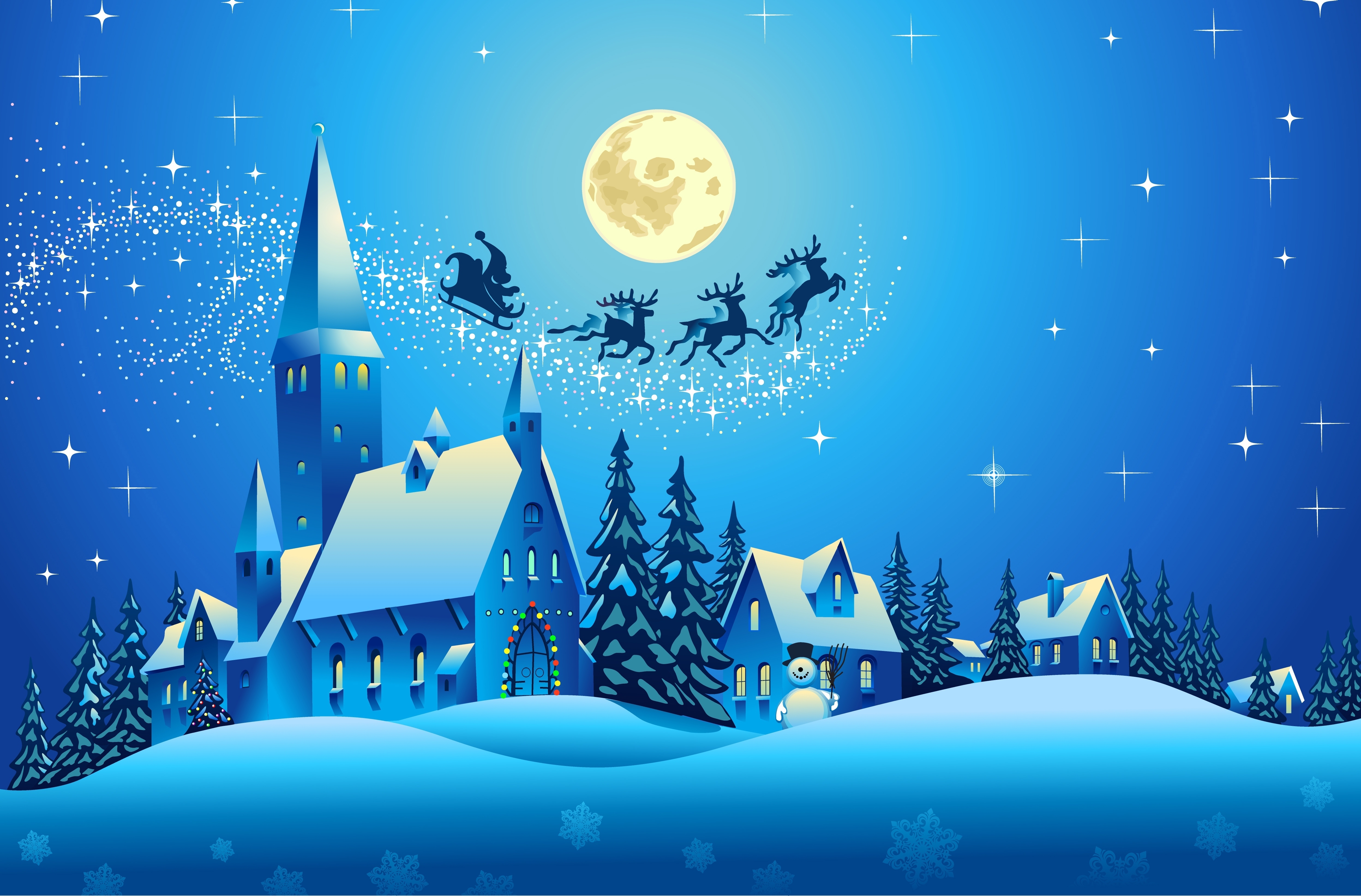 christmas, blue, church, holiday, santa, sleigh QHD
