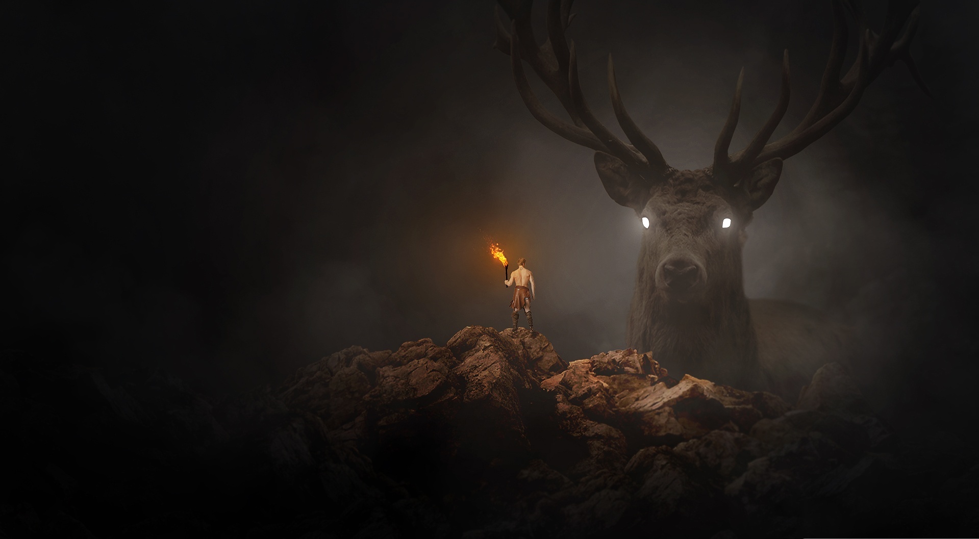 buck, hunter, artistic, fantasy, deer, fire, giant, torch HD wallpaper
