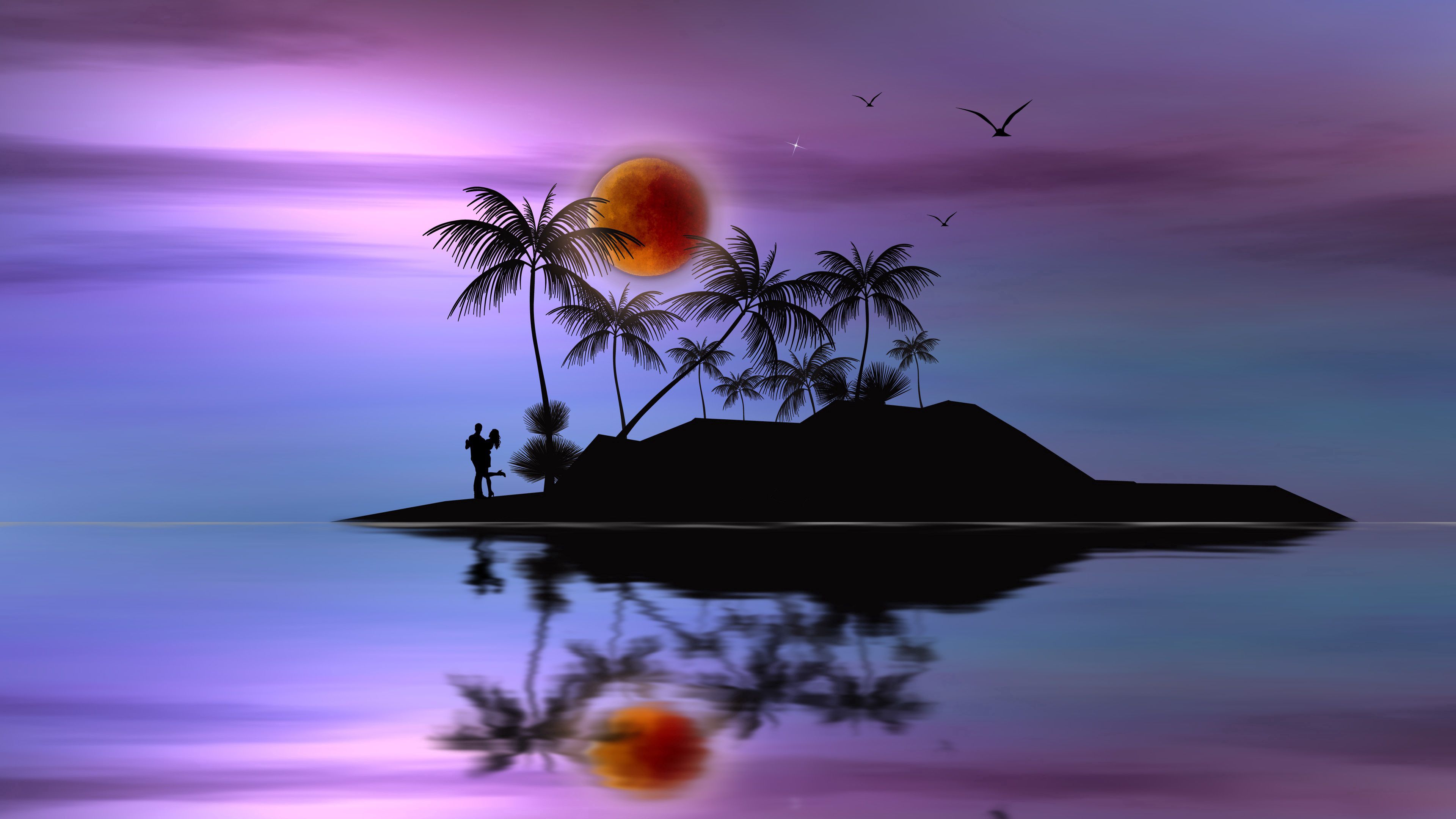 Download mobile wallpaper Love, Palms, Island, Silhouettes, Moon, Pair, Couple, Vector for free.