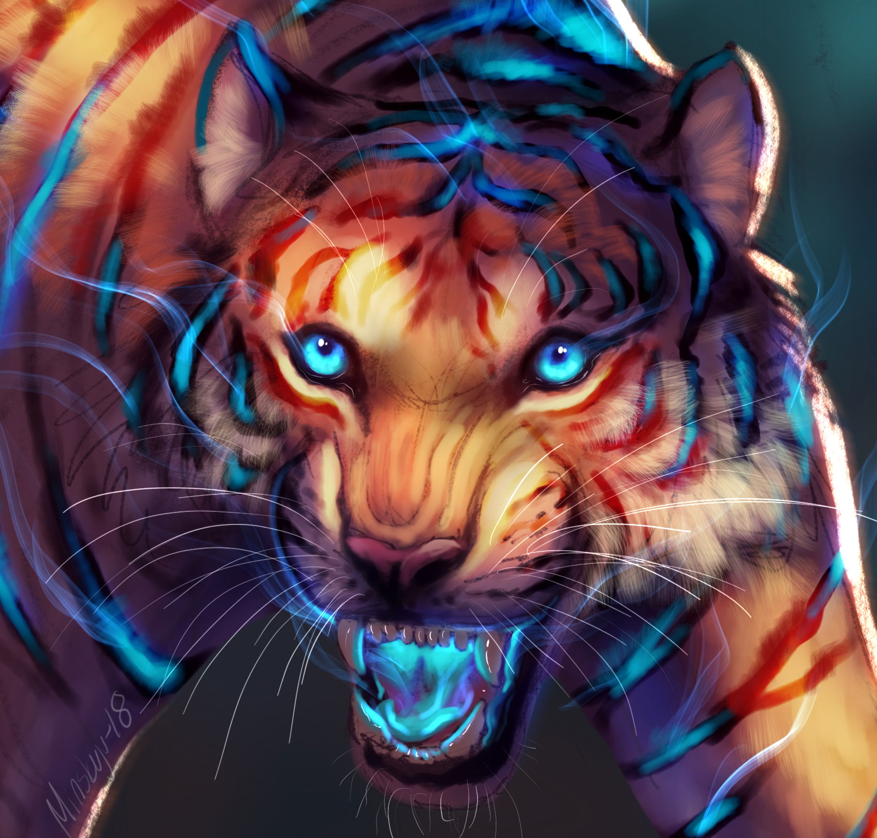 glow, muzzle, grin, tiger, predator, art HD wallpaper