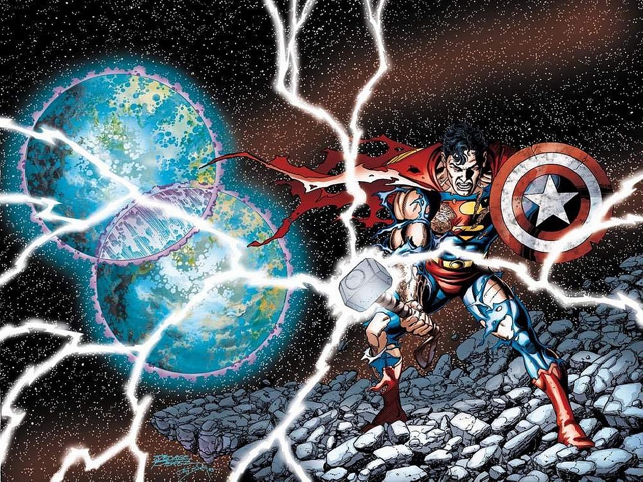 Mobile wallpaper superman, comics, justice league, captain america, crossover, dc comics, earth, hammer, thor
