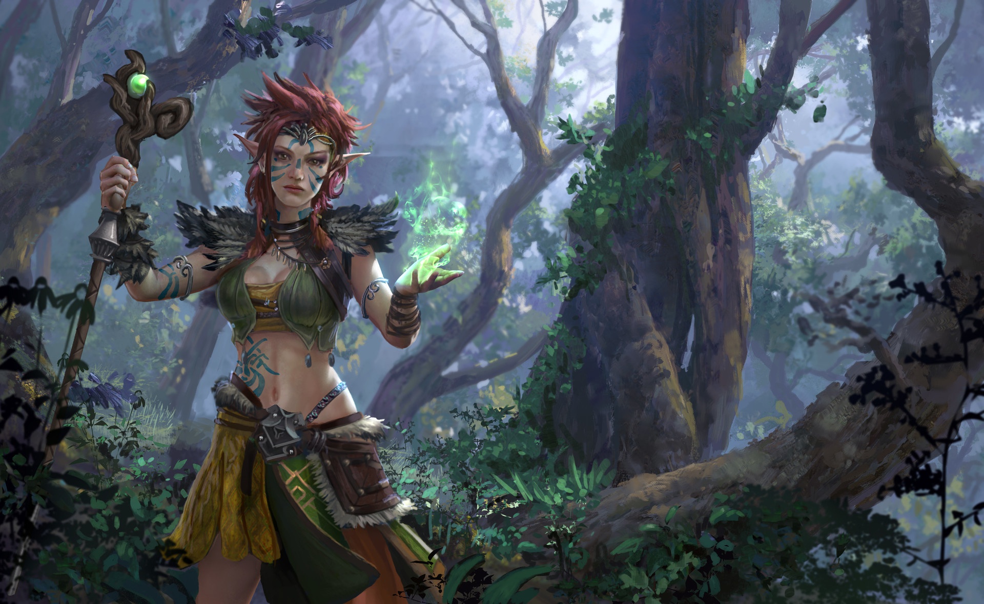 Download mobile wallpaper Magic, Fantasy, Tattoo, Elf, Staff, Sorceress, Red Hair for free.