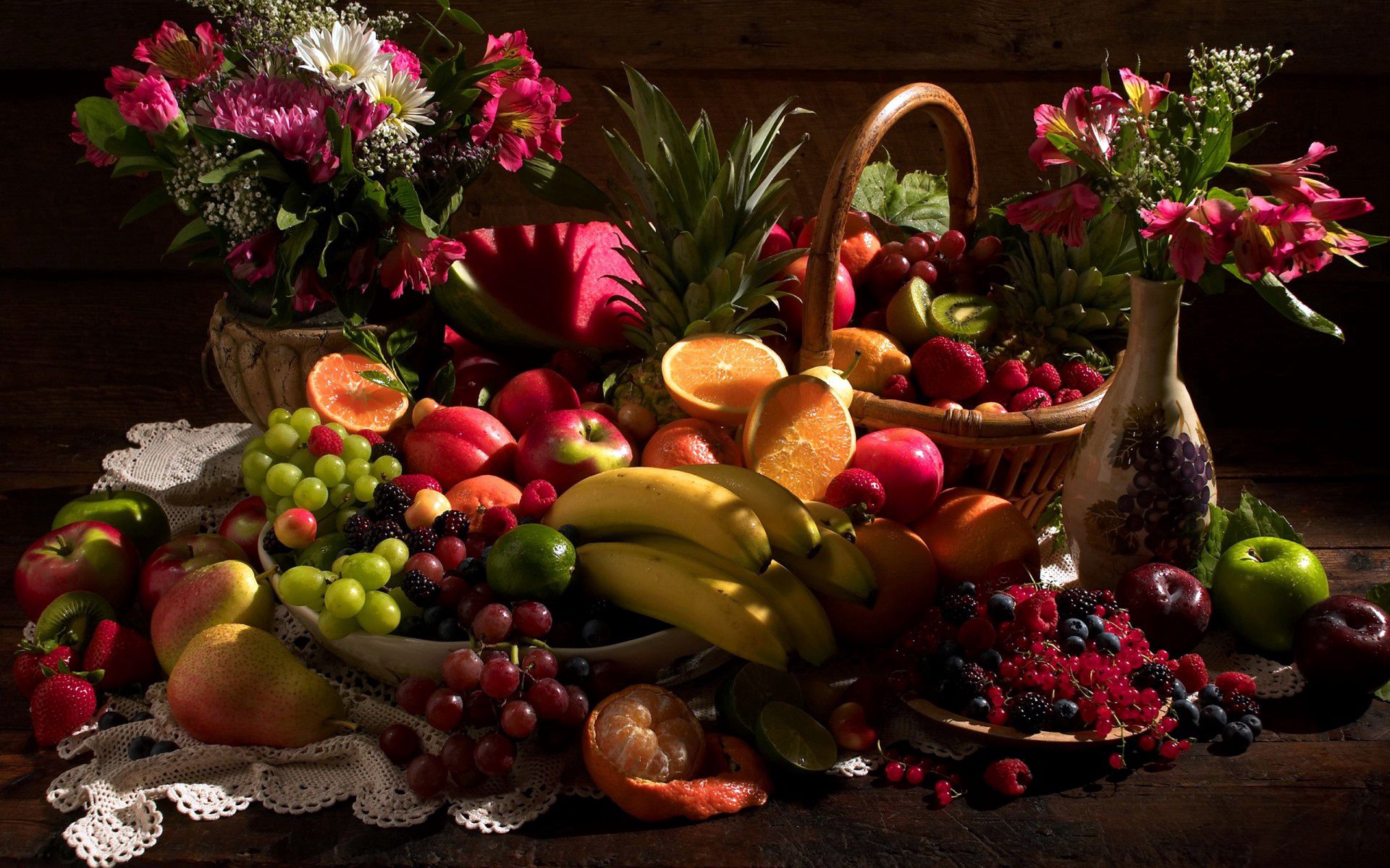 Handy-Wallpaper Tabelle, Lebensmittel, Tisch, Obst, Blumen, Still Leben kostenlos herunterladen.