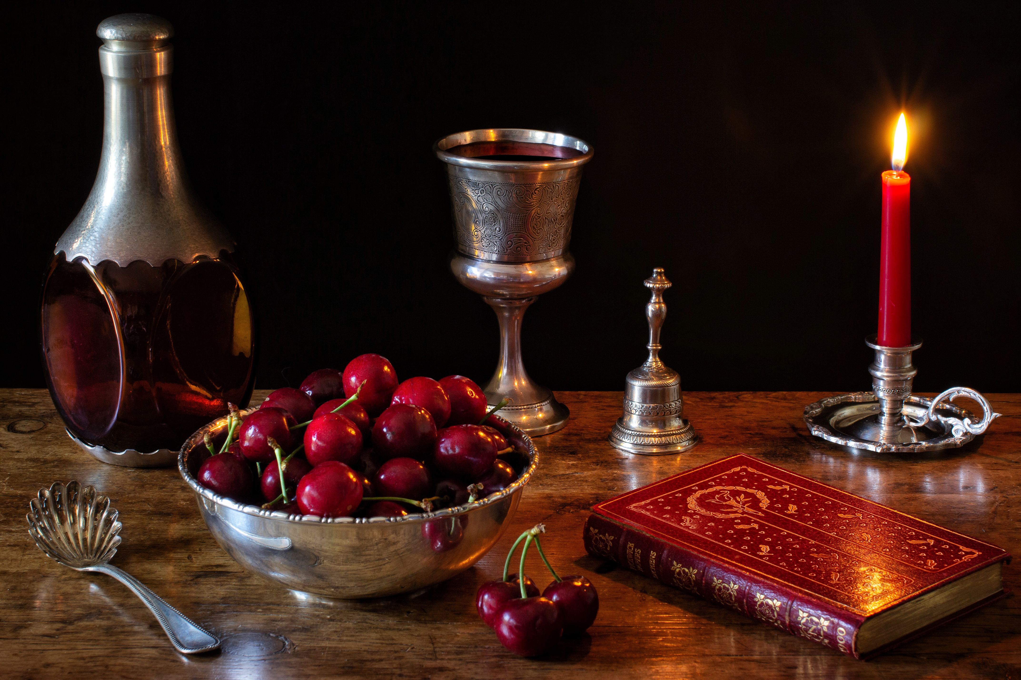 photography, still life, bowl, candle, cherry, goblet, pitcher