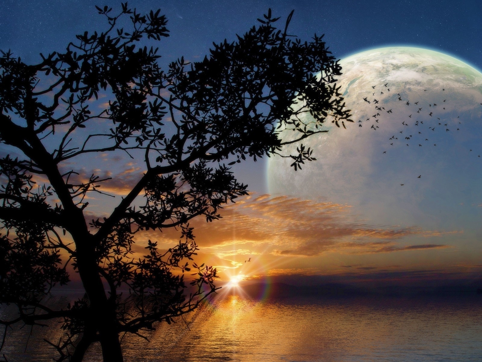 Вдали виднее синие. Луна и солнце на небе одновременно. Лунный пейзаж. Ночью Луна солнце. Пейзаж с луной.