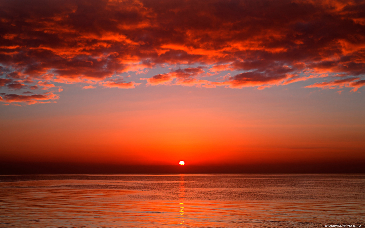 sun, sunset, sea, landscape, clouds, red Full HD