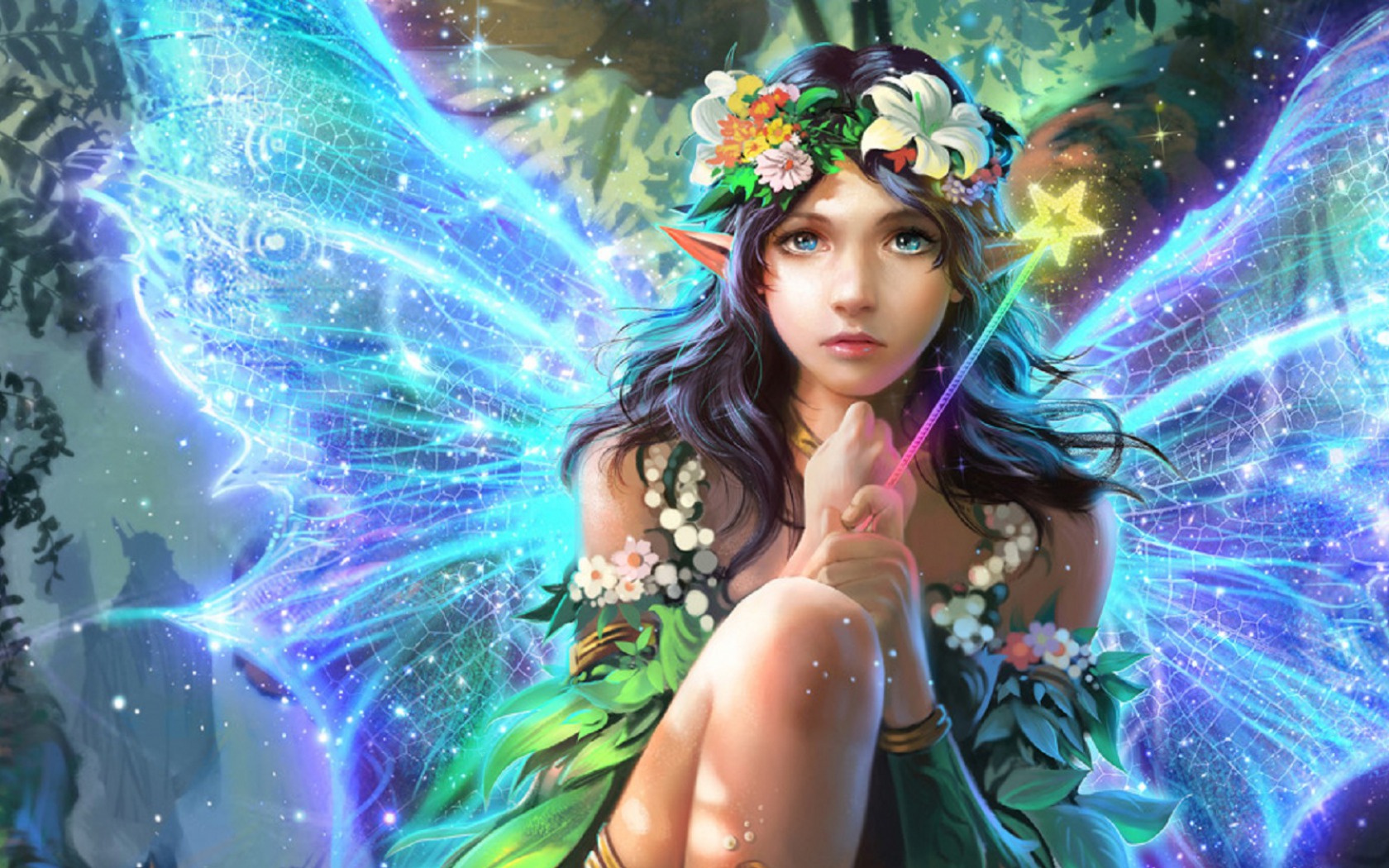 fantasy, fairy, blue eyes, wand, wings, wreath 32K