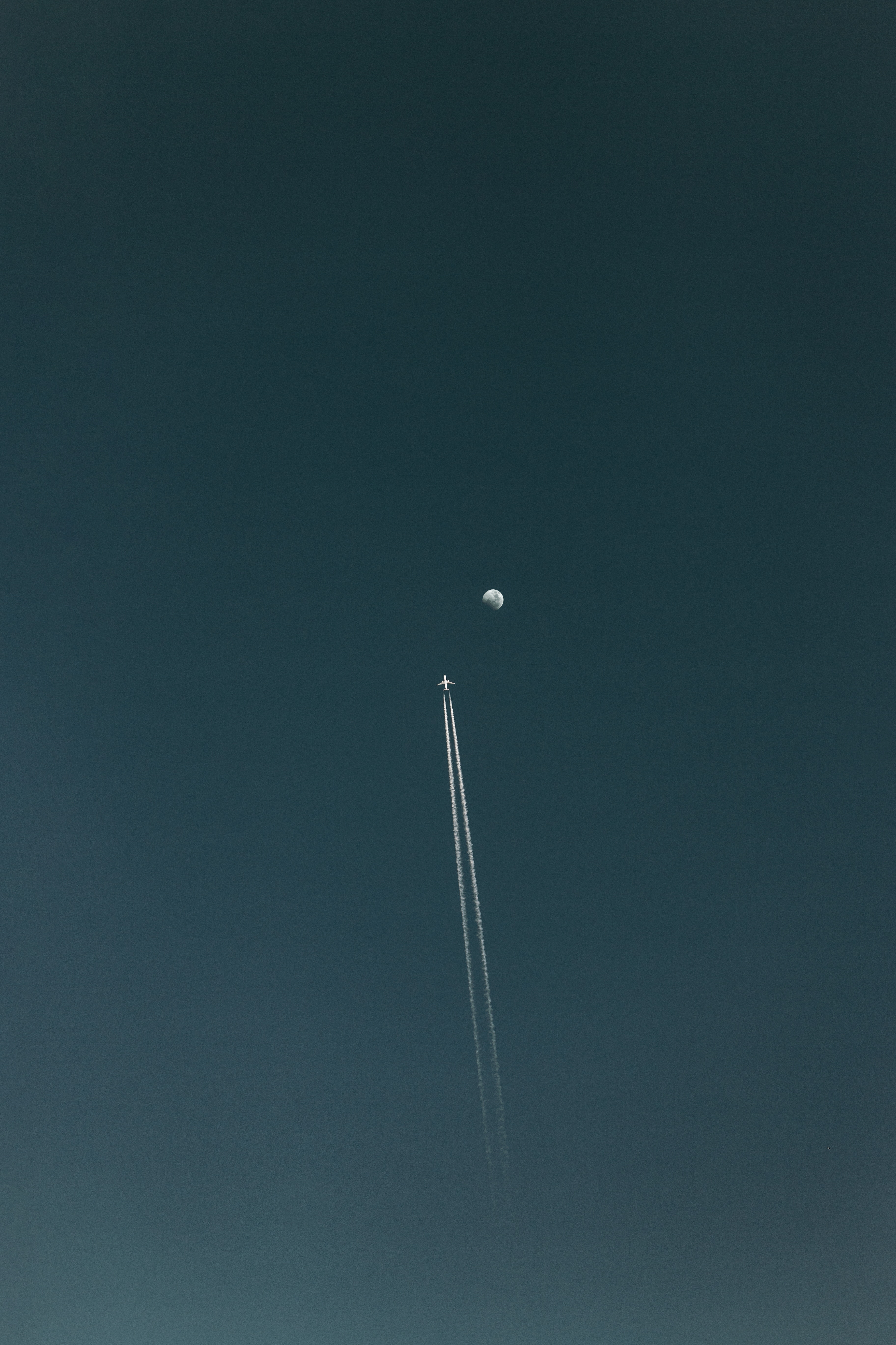 plane, minimalism, moon, airplane, track, sky, flight, trace