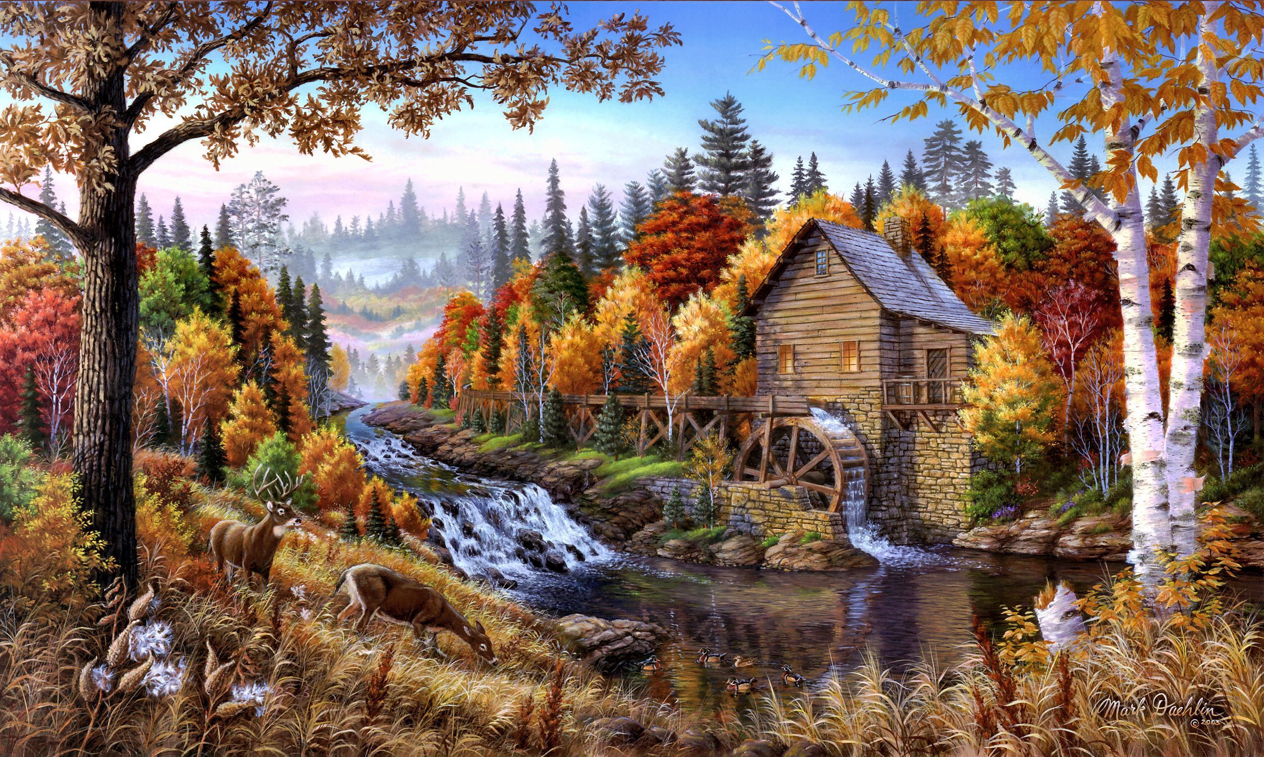 541547 baixar papel de parede rio, artistico, paisagem, veado, outono, moinho de água - protetores de tela e imagens gratuitamente