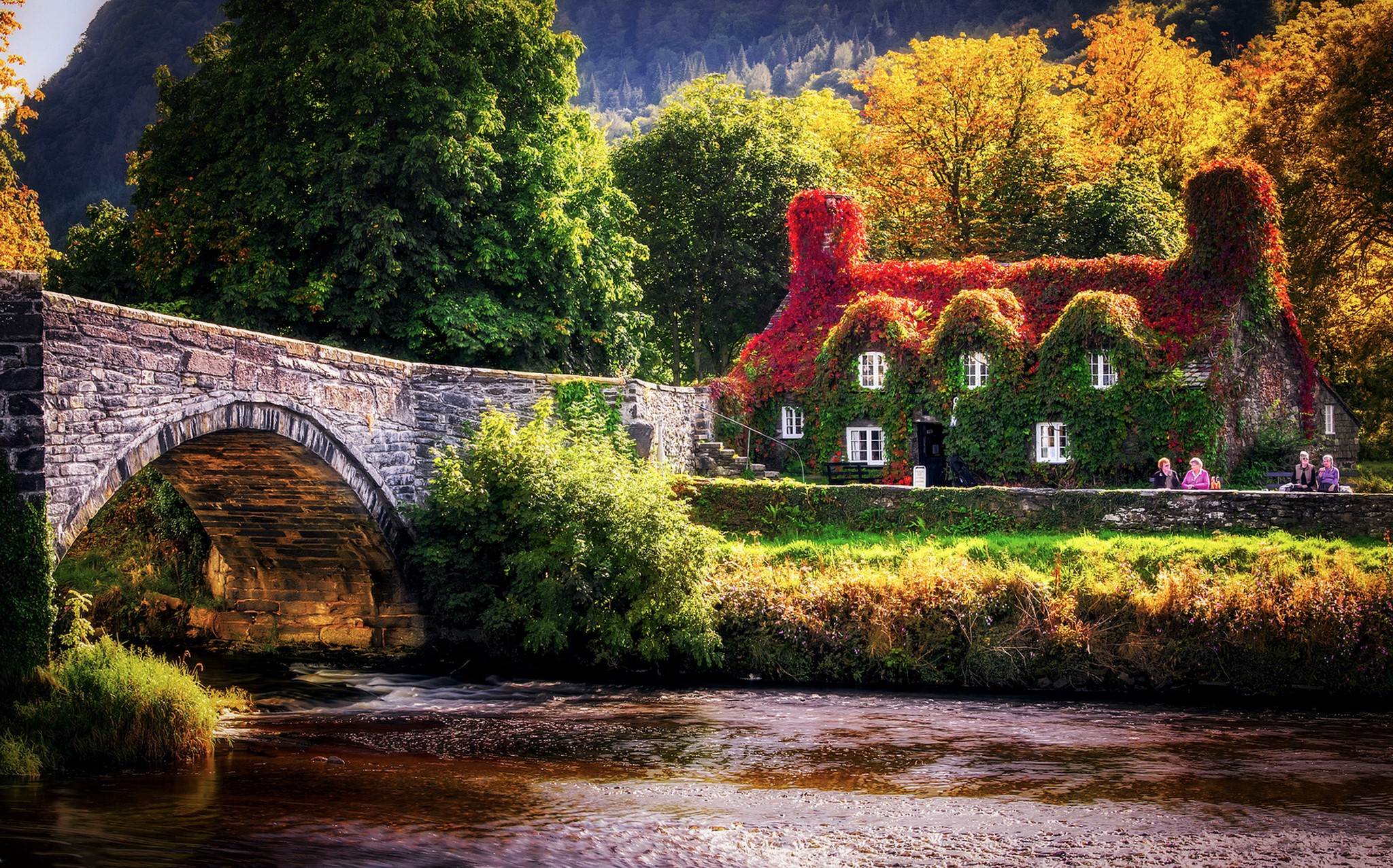 869513 скачать картинку осень, дом, сделано человеком, мост, плющ, река, уэльс - обои и заставки бесплатно