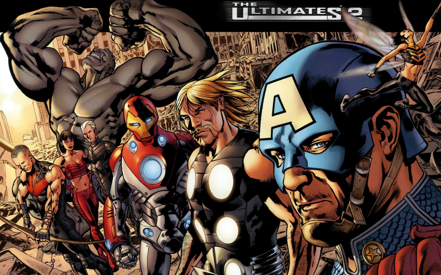 ultimates (marvel comics), comics, ultimates, captain america, hawkeye, hulk, iron man, janet van dyne, quicksilver (marvel comics), scarlet witch, thor, wasp (marvel comics)