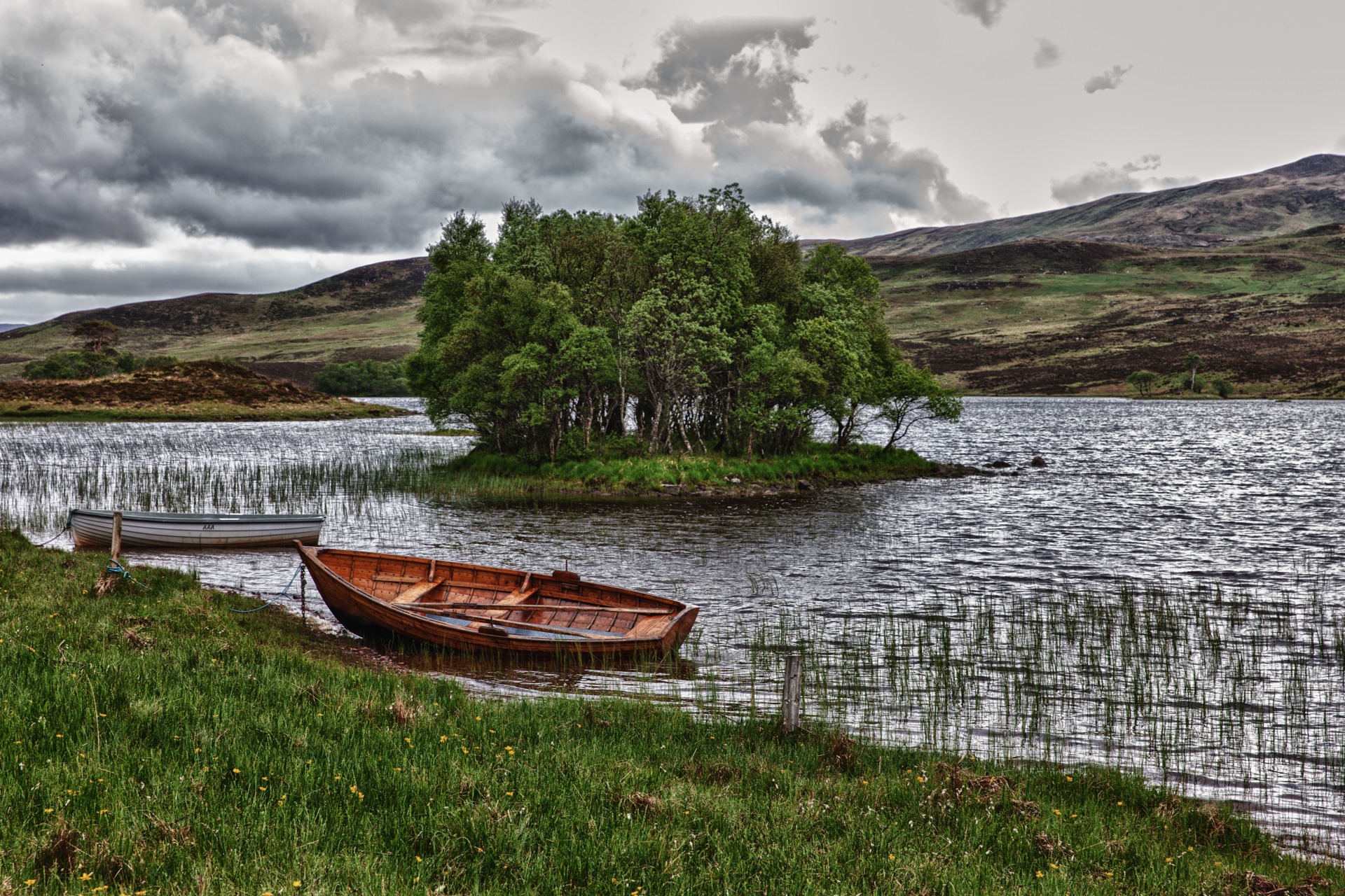 boats, trees, nature, rivers, grass, clouds HD wallpaper