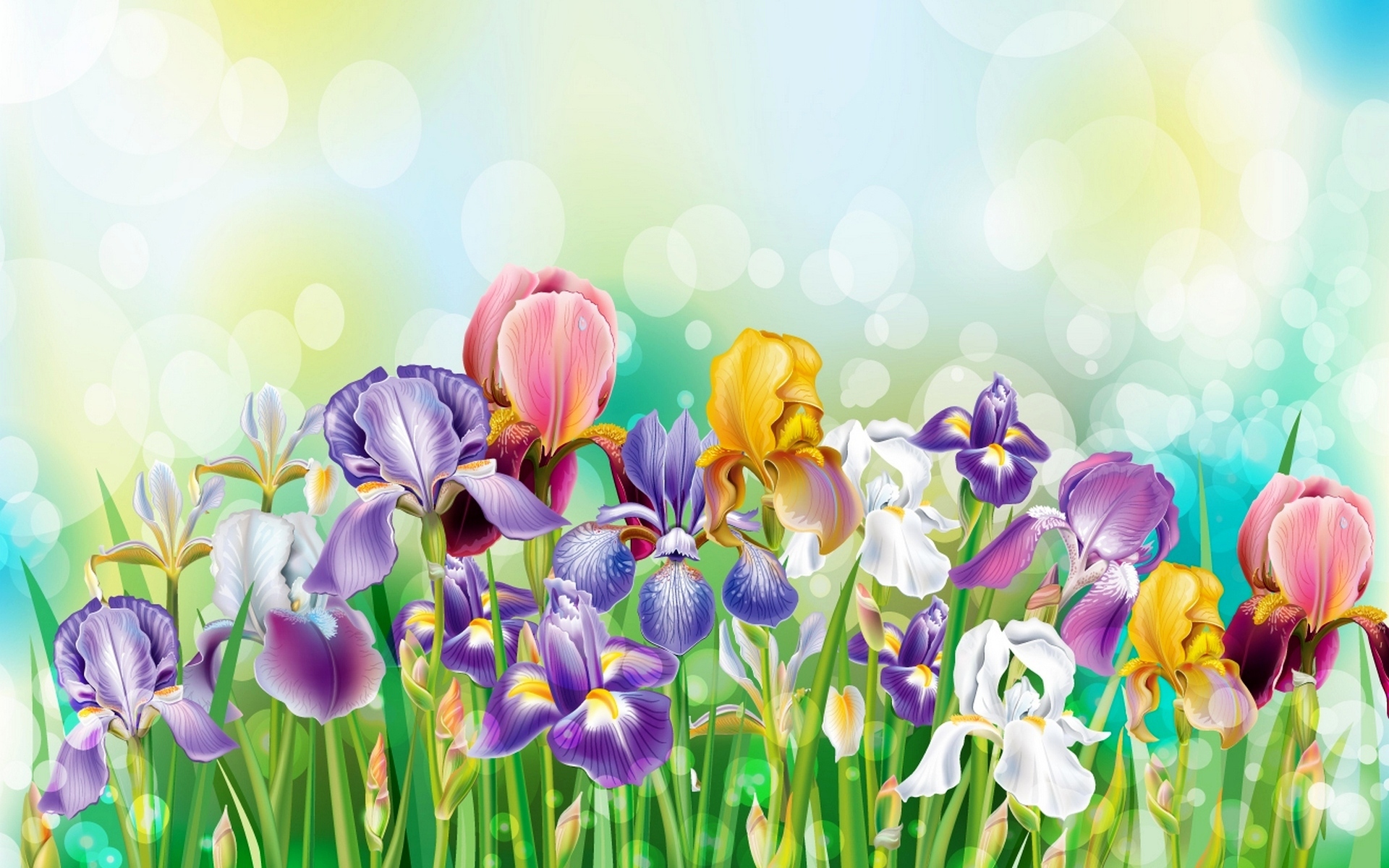396614 скачать картинку весна, художественные, цветок, красочный, цвета, трава, ирис, флауэрсы - обои и заставки бесплатно