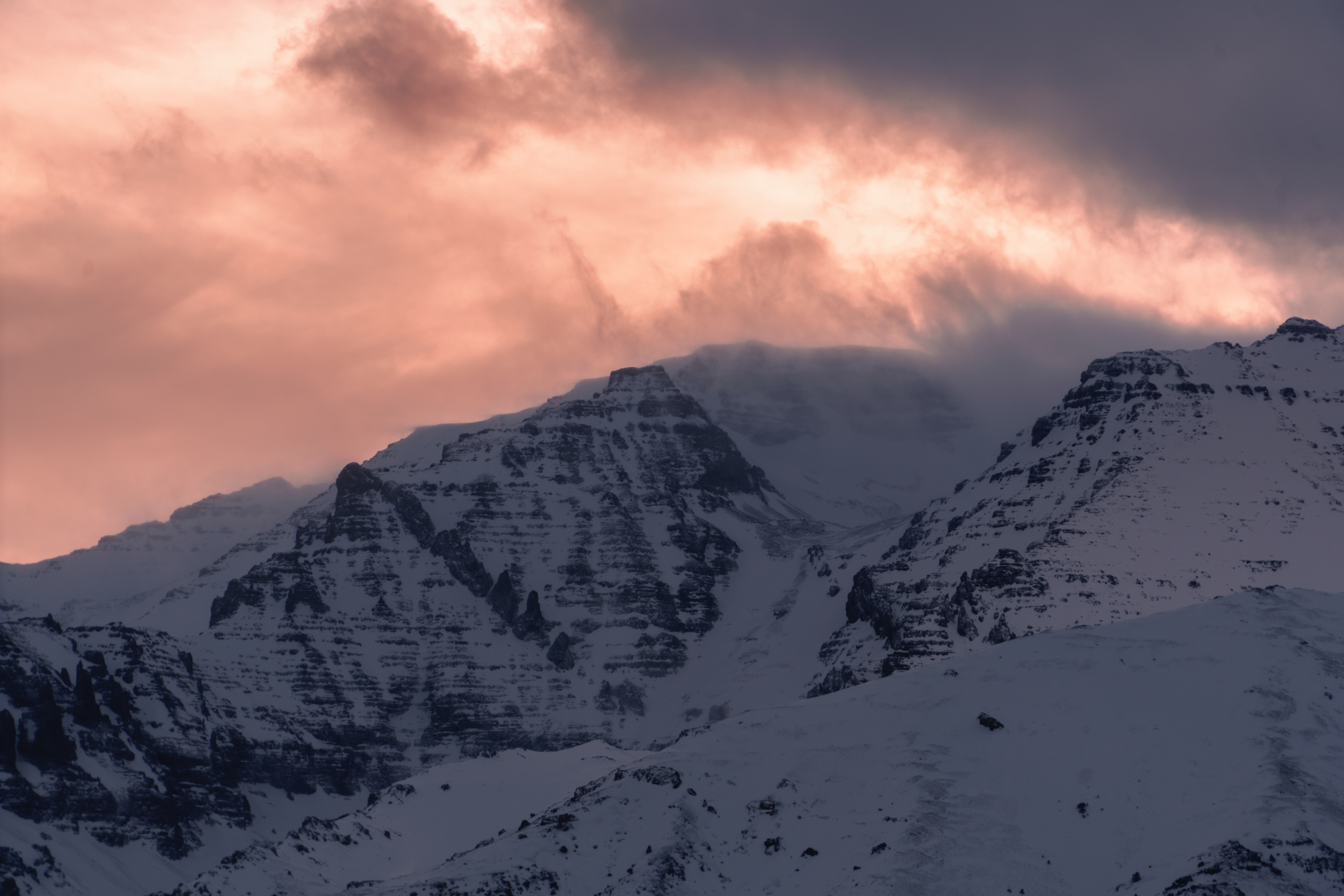 nature, mountains, pink, snow, vertex, top Desktop home screen Wallpaper