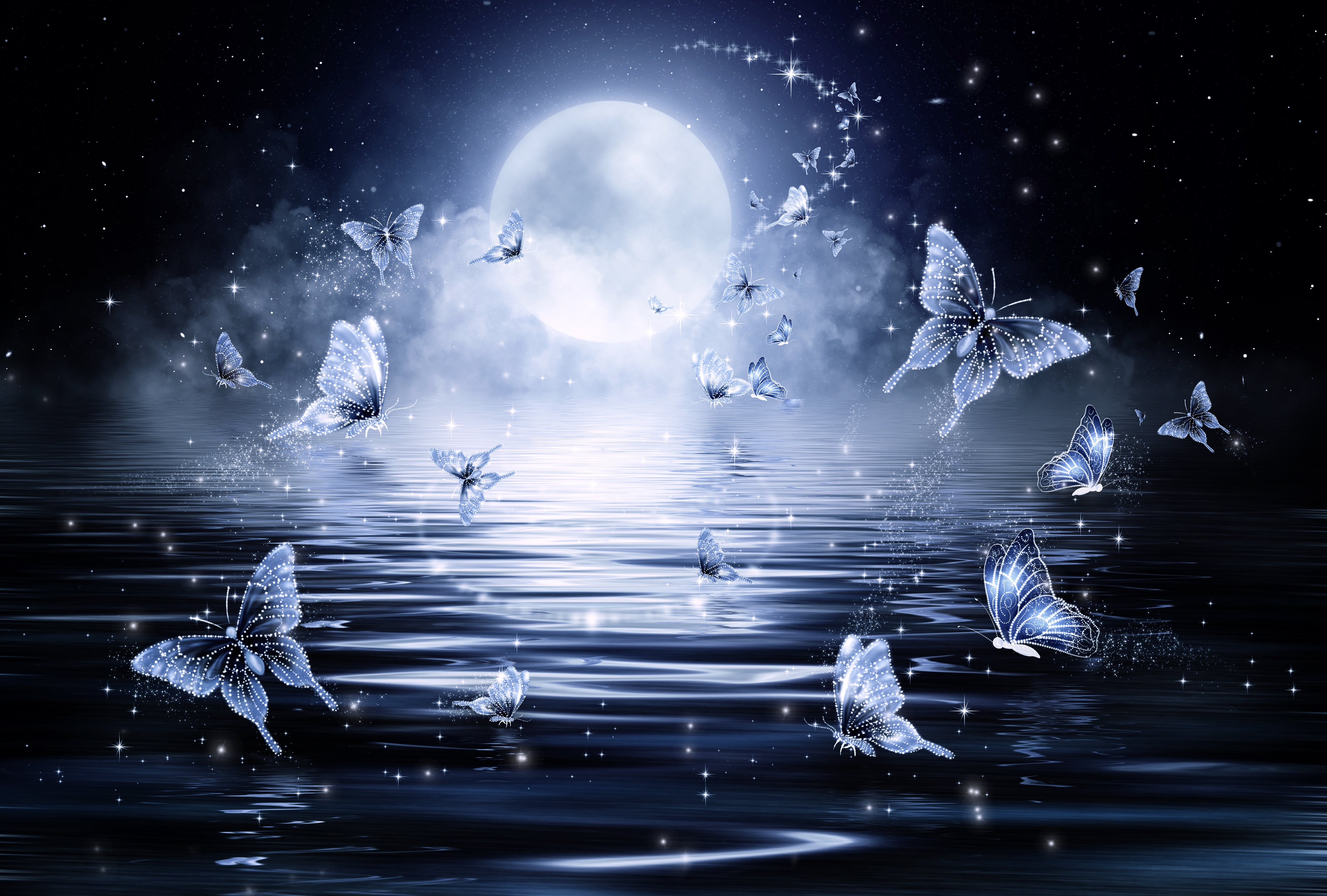 Download mobile wallpaper Moon, Butterfly, Artistic, Moonlight for free.