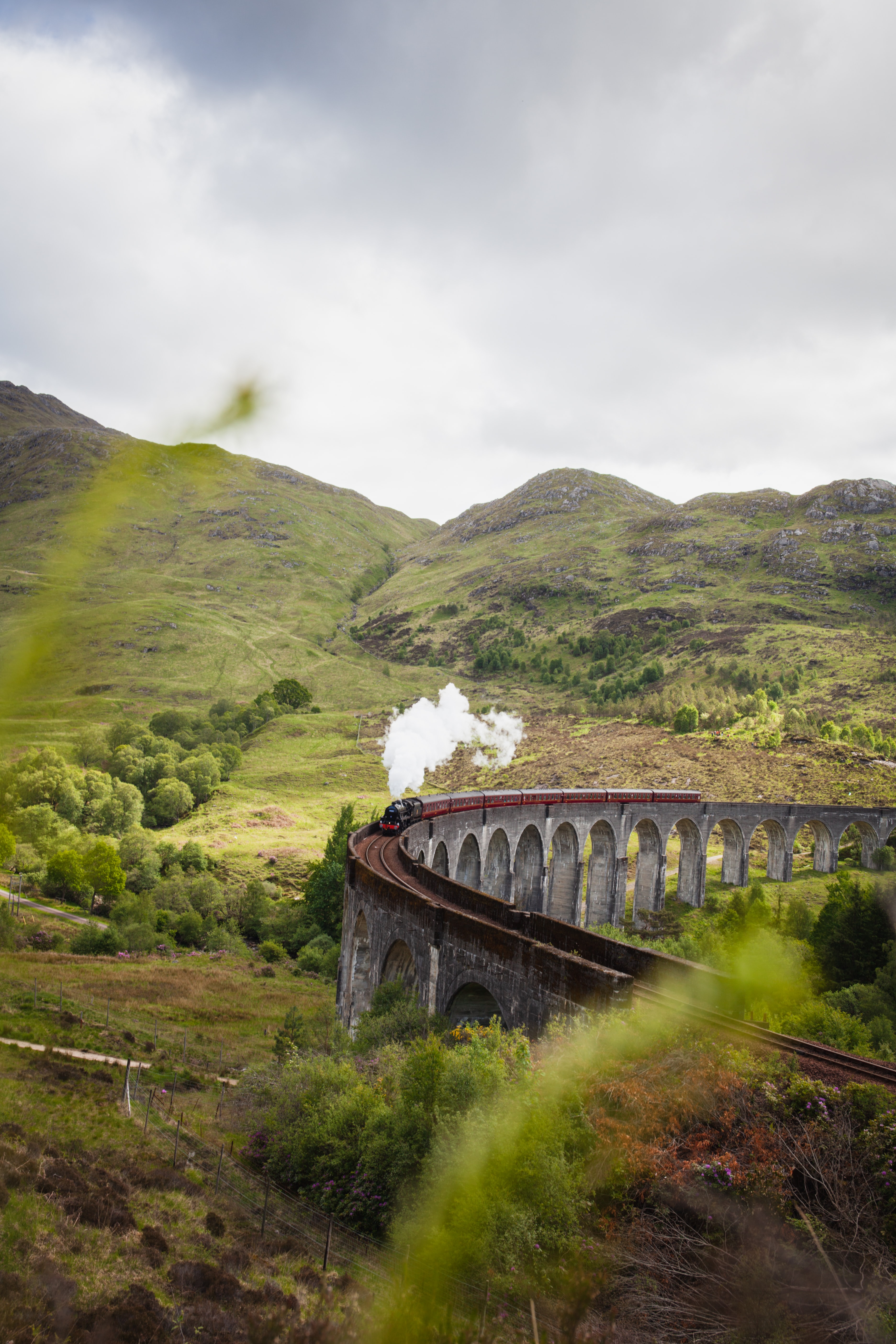 train, railway, nature, smoke, hills, bridge