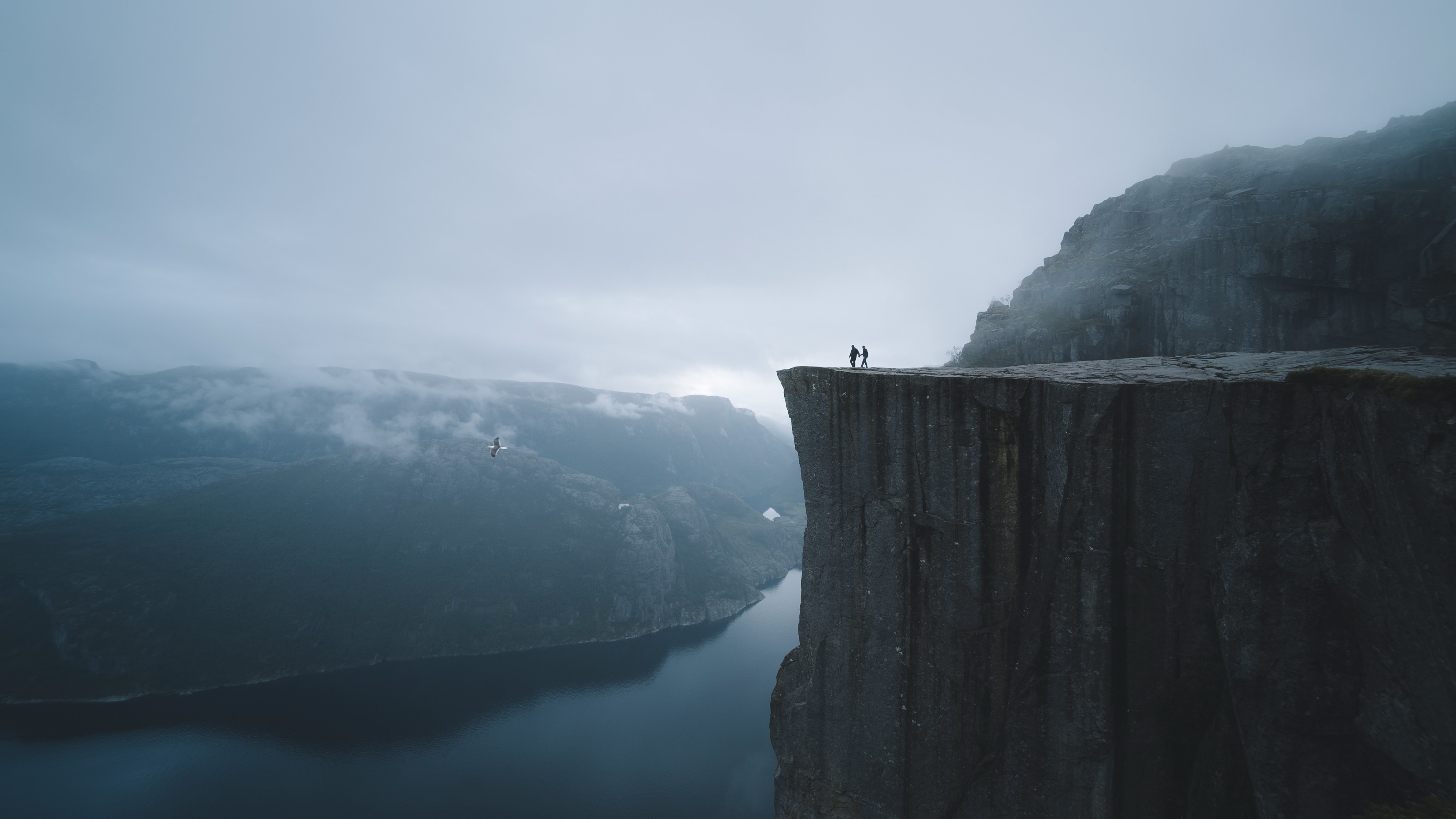 nature, silhouettes, precipice, lake, fog, break, cliff