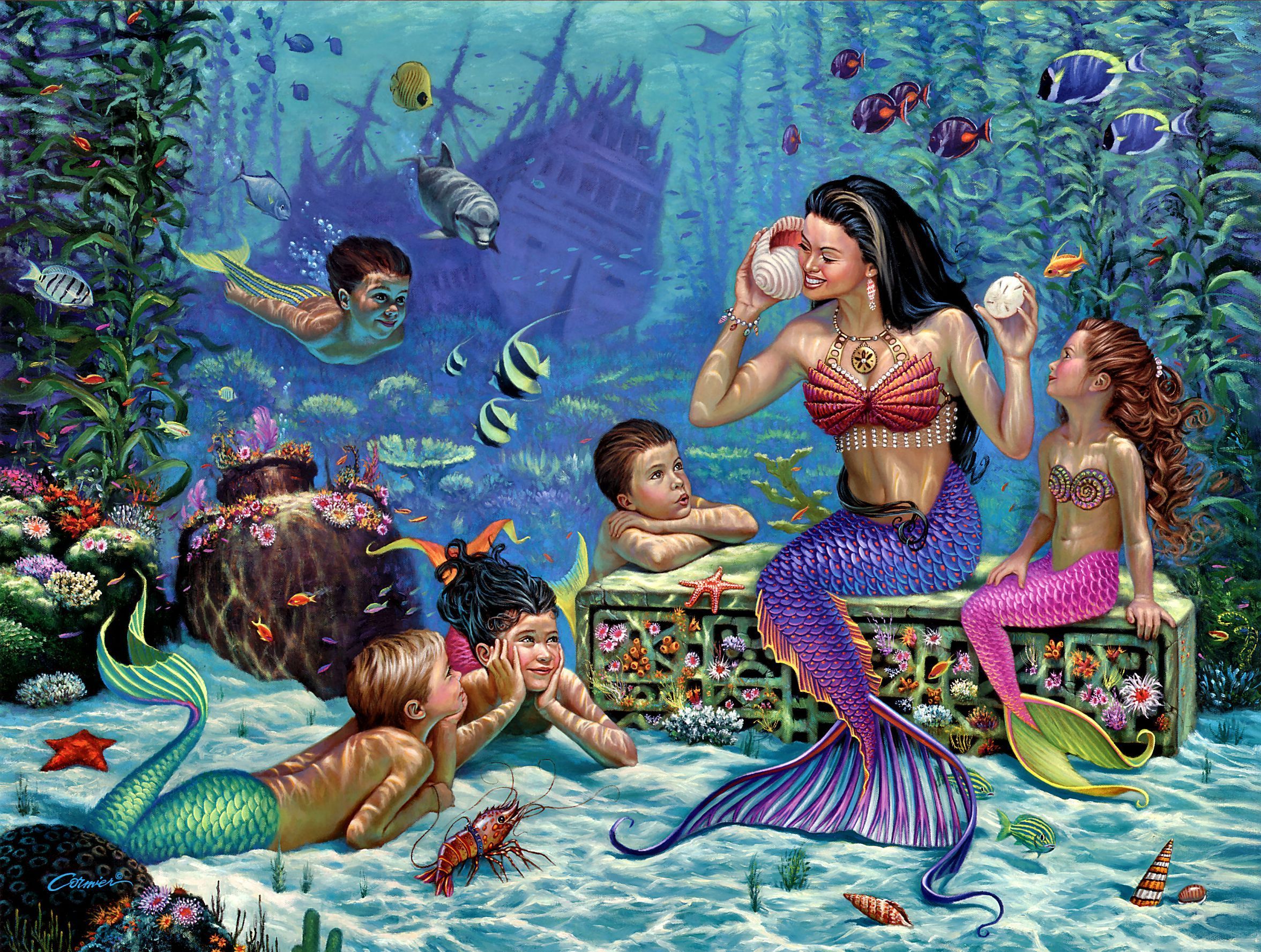 mermaid, coral reef, starfish, underwater, fantasy, dolphin, fish, merman, ocean, sea life, shipwreck