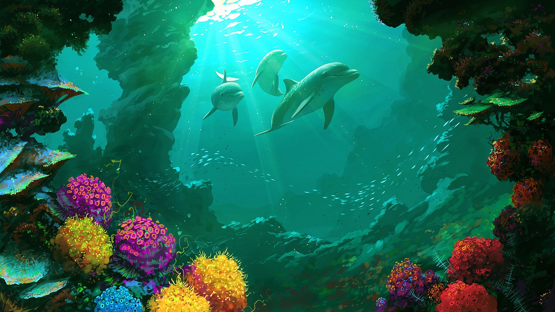 animal, dolphin, coral, underwater Desktop home screen Wallpaper