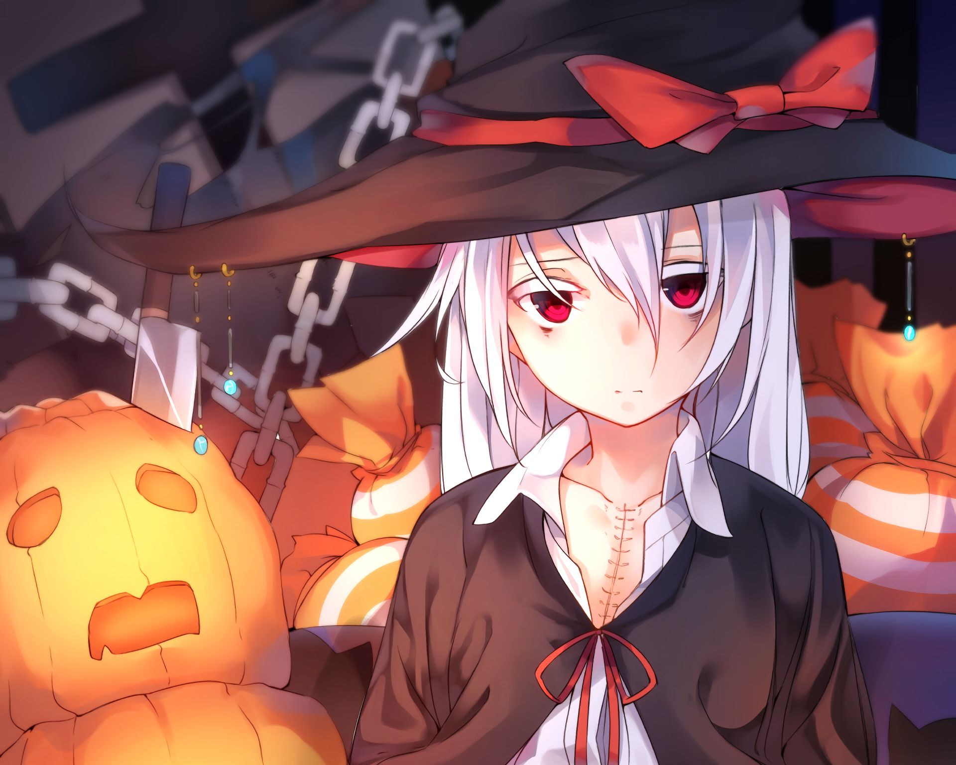 red eyes, anime, original, coat, halloween, hat, pumpkin, shirt, white hair