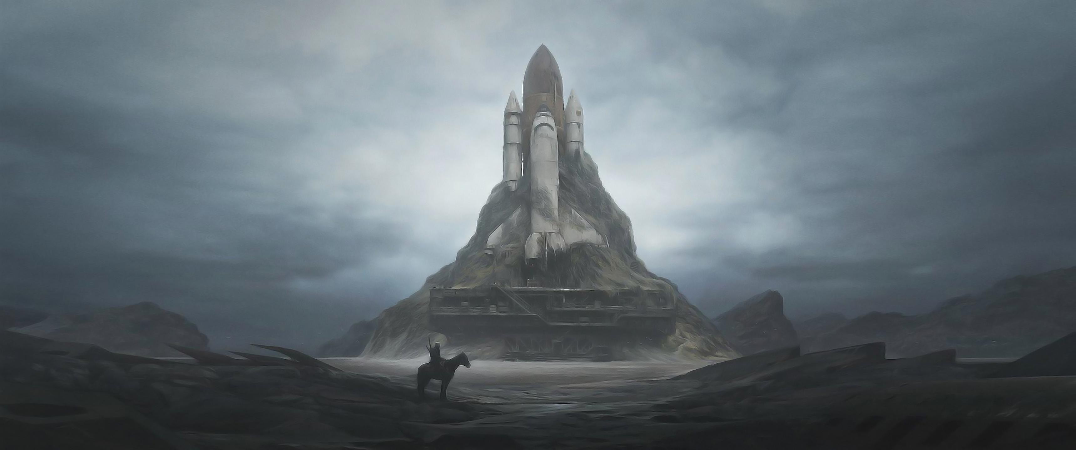 sci fi, post apocalyptic, landscape, space shuttle QHD