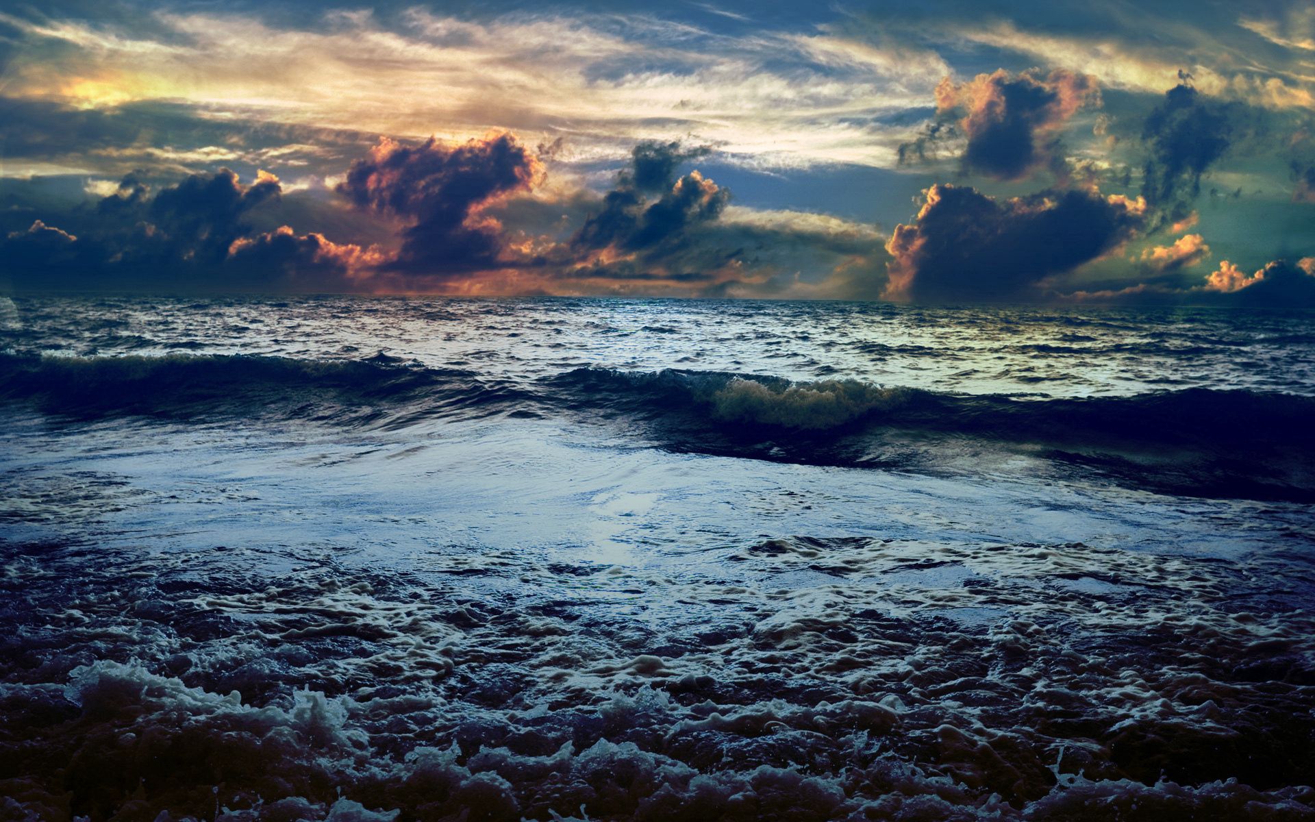 clouds, creepy, nature, sea, horizon, foam, shadows, volumetric, wave, confluence, merge, voluminous