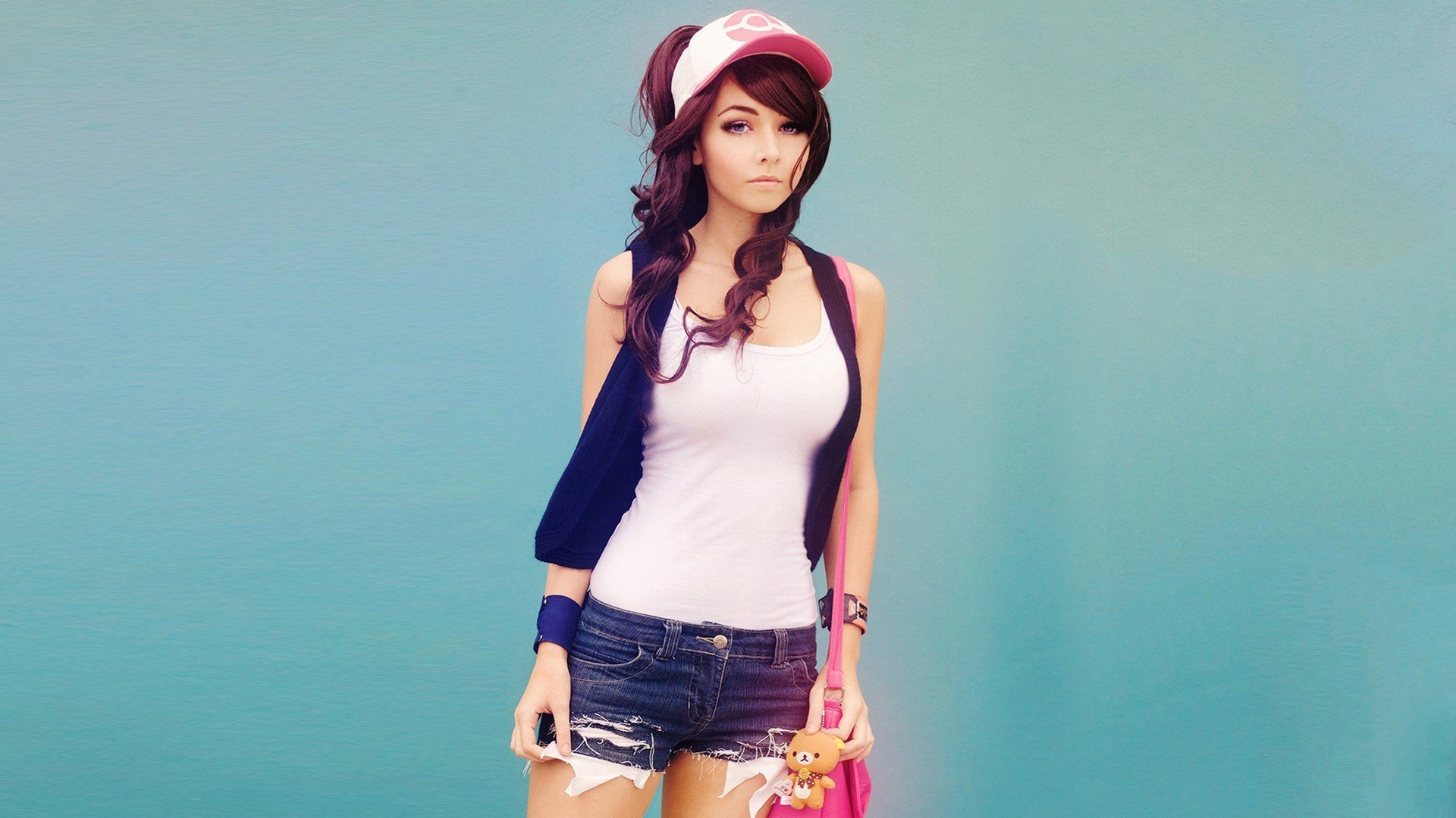women, cosplay, brown hair, cap, hilda (pokémon), long hair, pokémon, shorts wallpaper for mobile